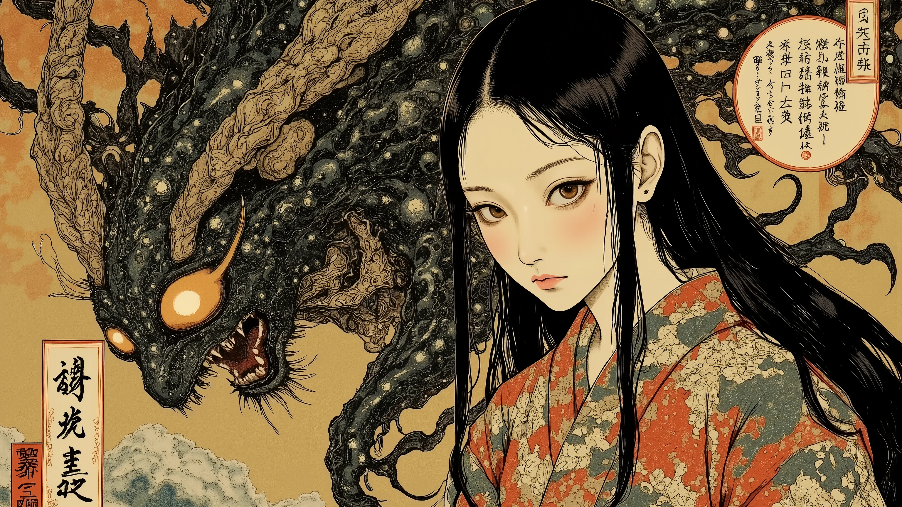1 woman,solo,beautiful face,turime,black hair,long straight hair ,Bob,hime cut, long hair,((wearing kimono)),yokai and oni background,Nihonga,Japanese painting style,(vivid color:1.5),sharp line,dynamic pose,detailed image,itou jakutyu style, ,junji ito style,scary ukiyo-e