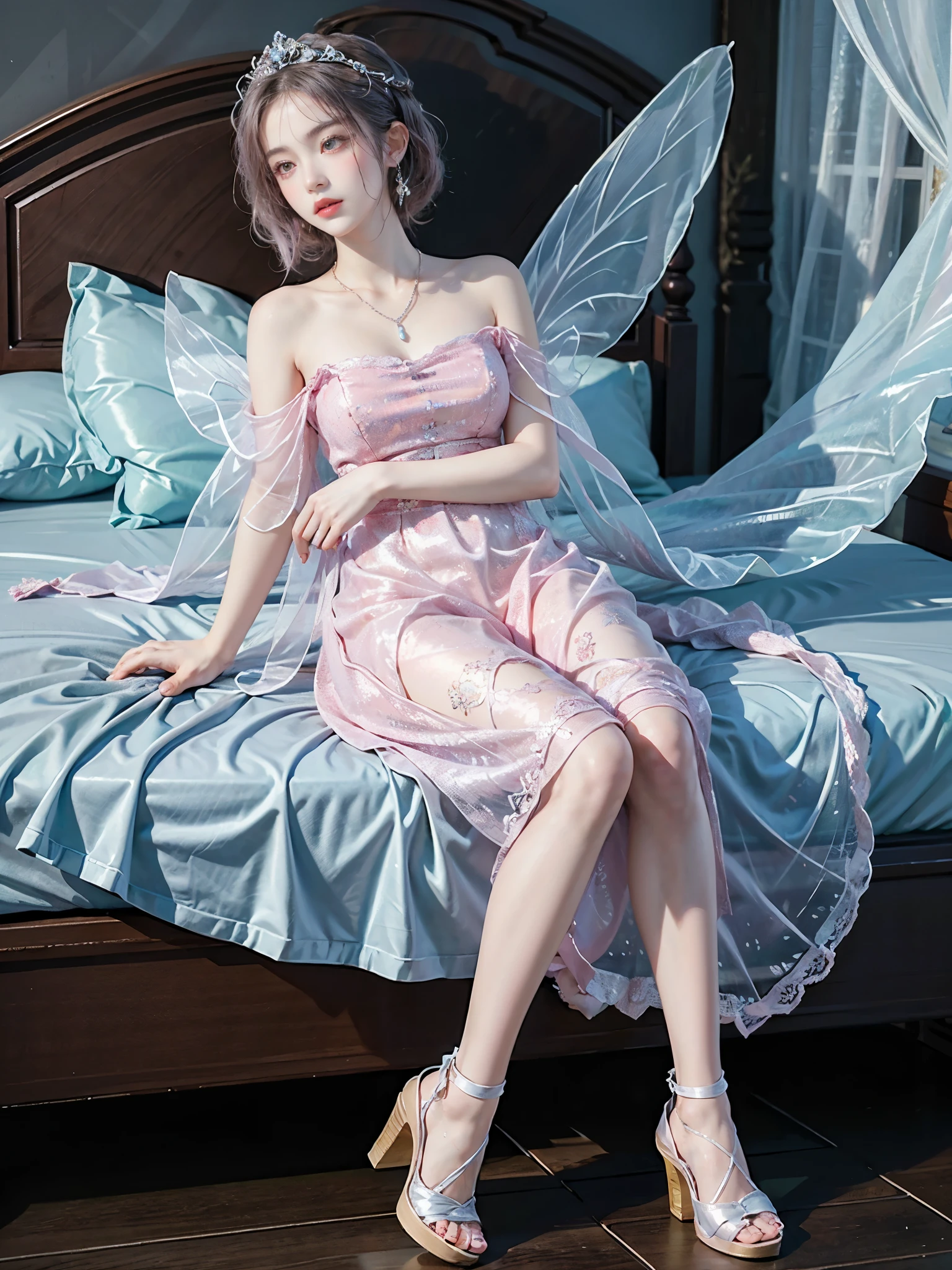 dress,wings,fairy, ,,(full body:1.3),(masterpiece, best quality, ultra detailed), 1 girl, lying on her back on a soft light blue bed, looking up with gentle expression, (Big bust, very short hemline), (single bare shoulder:1.3), long flowing pastel pink hair with loose waves, styled with a small tiara and flower hair ornaments, one hand gently touching her hair near her head, the other arm resting along her side, legs slightly bent at the knees and crossed at the ankles, delicate lace necklace, pink ankle-strap heels, soft rim lighting, dreamy atmosphere, bedroom setting, wooden headboard in the background, scattered pink roses on the bed.