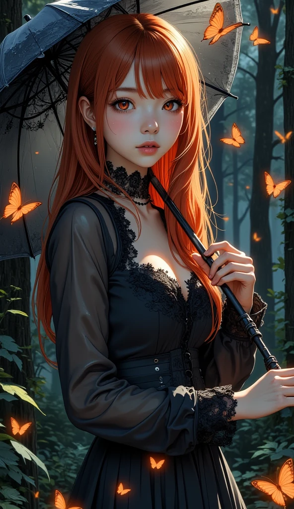 A woman, straight long scarlet hair, She dressed in a gothic dress with a black lace umbrella in her hand,  stare, whisper innocent eyes, butterflies from hell, butterflies made of fire, fire element, blazing butterflies made by flame fly around her, fire made butterflies, rain of fire background, delicate, gothic make up, dark vintage, dim light, low contrast, masterpiece, volumetric lighting.