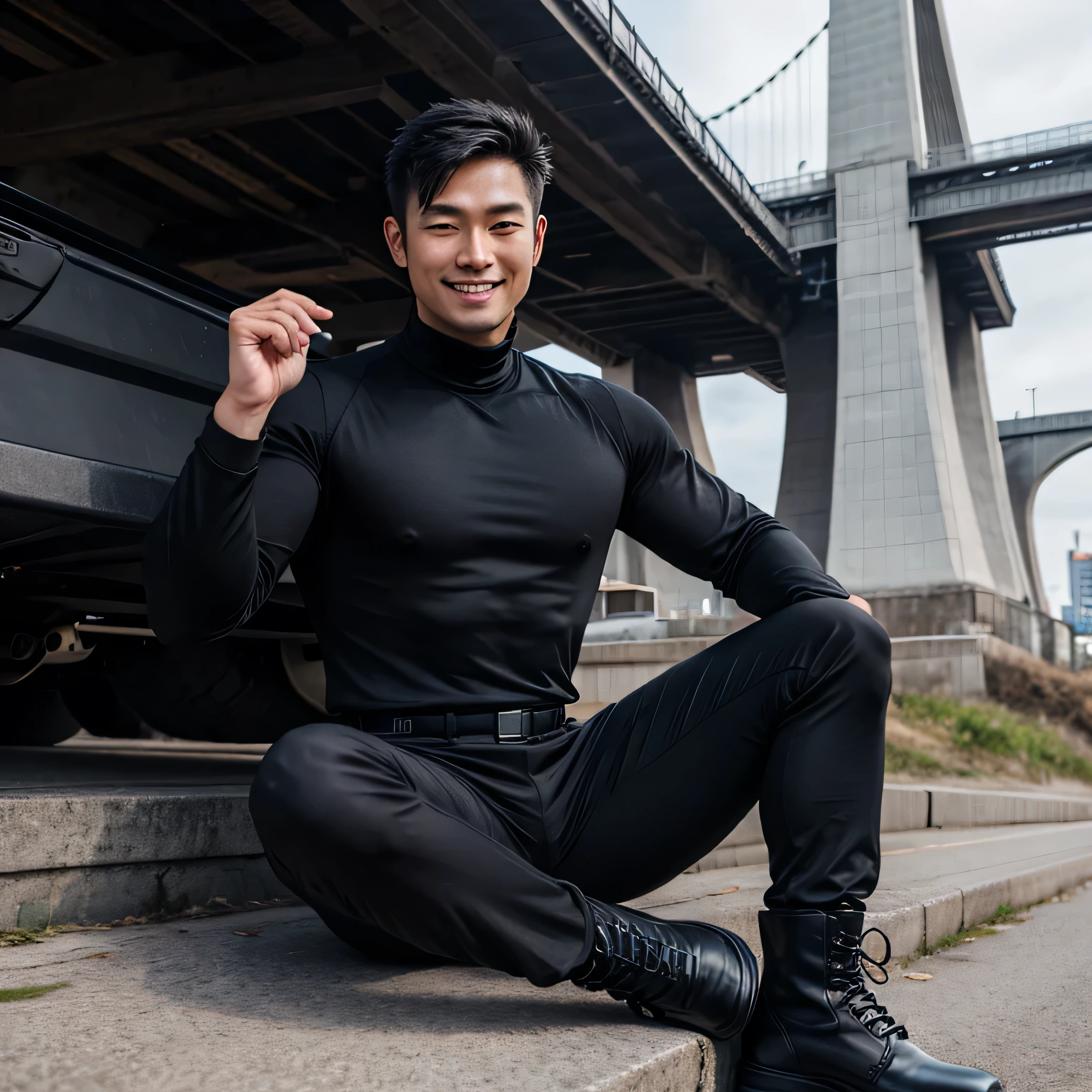 40 years old,One Man,、Handsome、Black bodysuit、Shocker Belt、tall、logic succulent、concrete logic,Gay ,Short short hair。Sit on the ground with your legs spread in an M shape、The crotch area of the pants is bulging、Black socks Upper Body