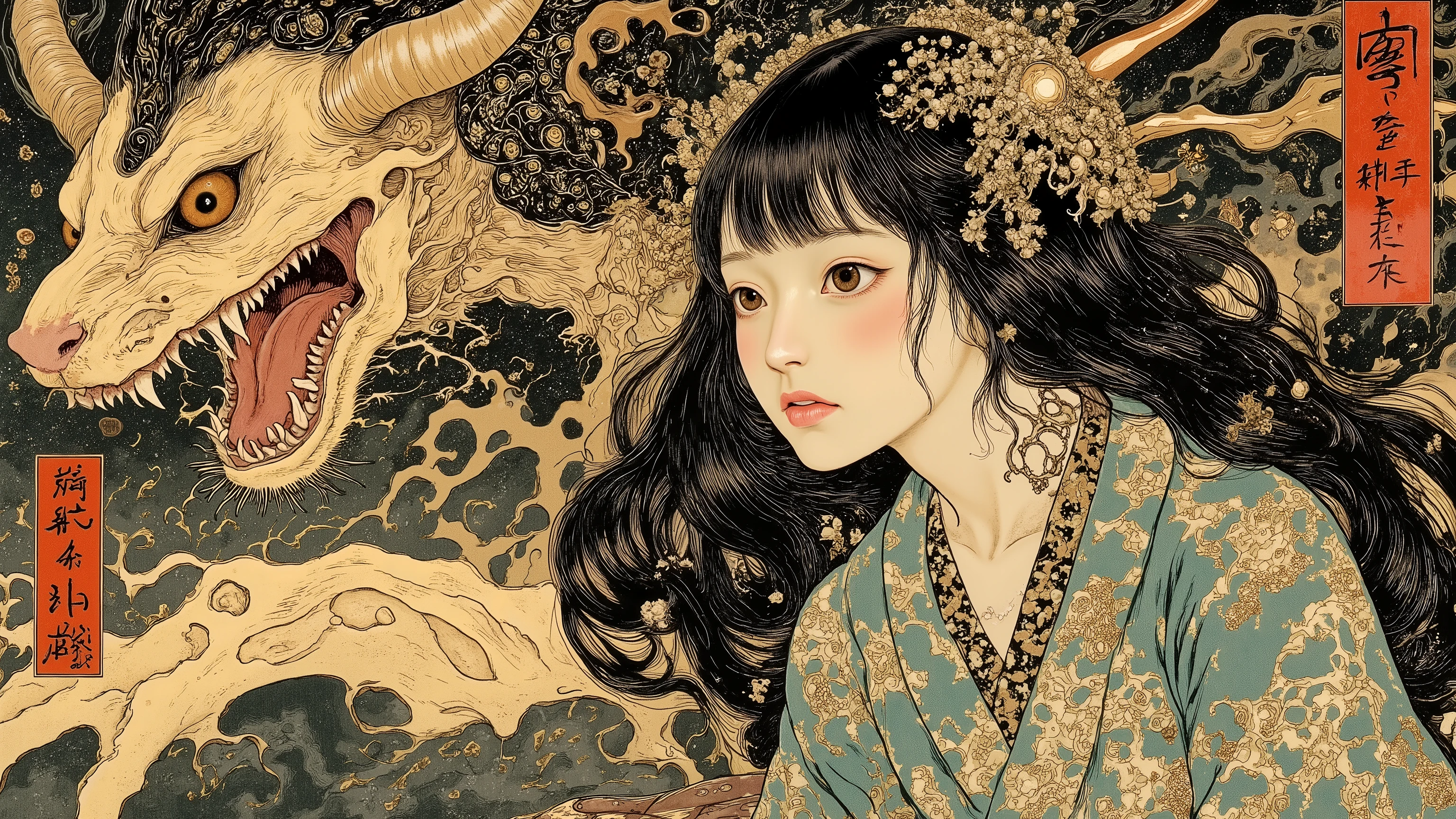 1 woman,solo,beautiful face,turime,black hair,long straight hair ,Bob,hime cut, long hair,((wearing dress)),yokai and oni background,Nihonga,Japanese painting style,(vivid color:1.5),sharp line,dynamic pose,detailed image,itou jakutyu style, ,junji ito style,scary ukiyo-e