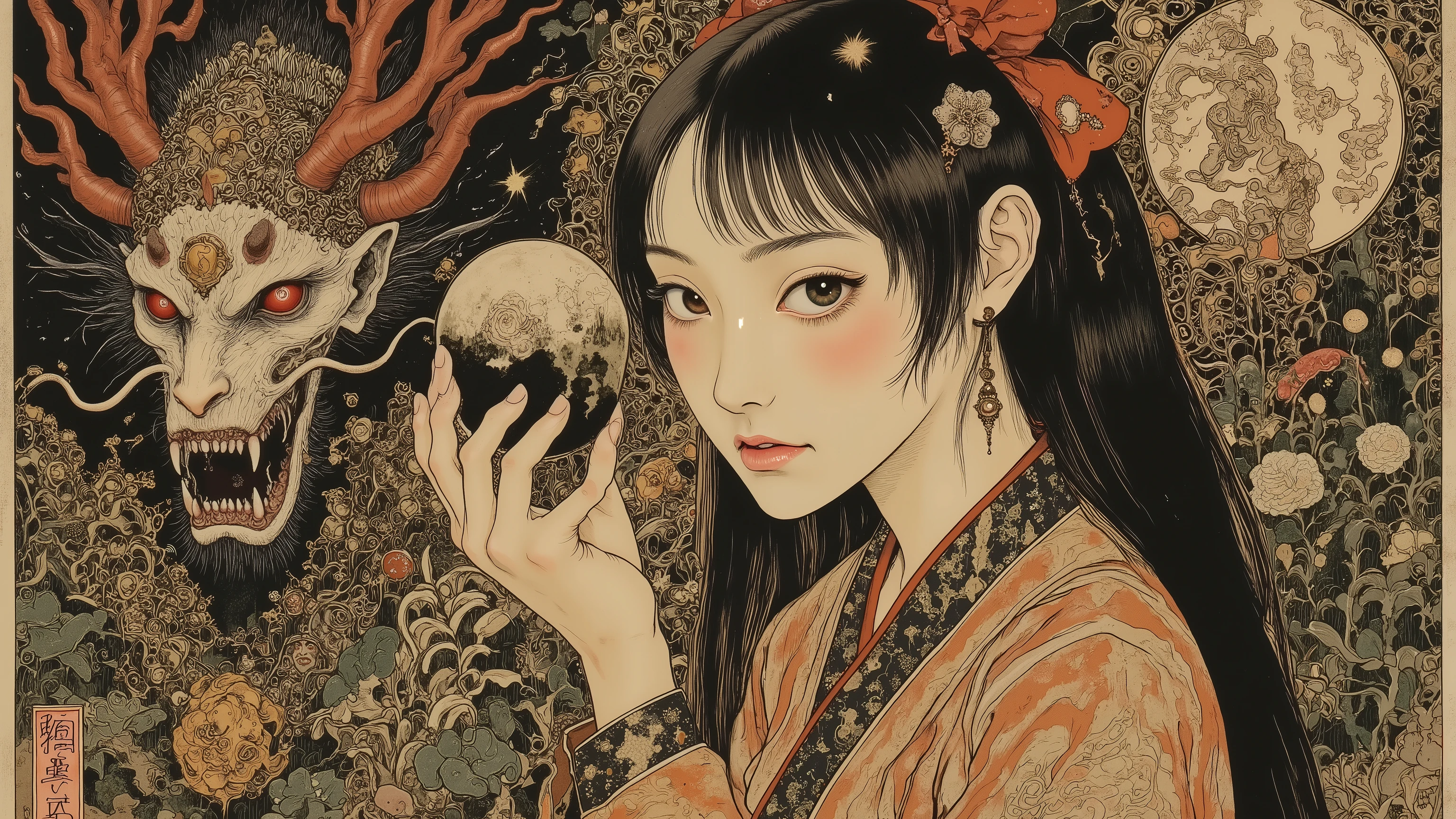 1 woman,solo,beautiful face,turime,black hair,long straight hair ,Bob,hime cut, long hair,((wearing dress)),yokai and oni background,Nihonga,Japanese painting style,(vivid color:1.5),sharp line,dynamic pose,detailed image,itou jakutyu style, ,junji ito style,scary ukiyo-e