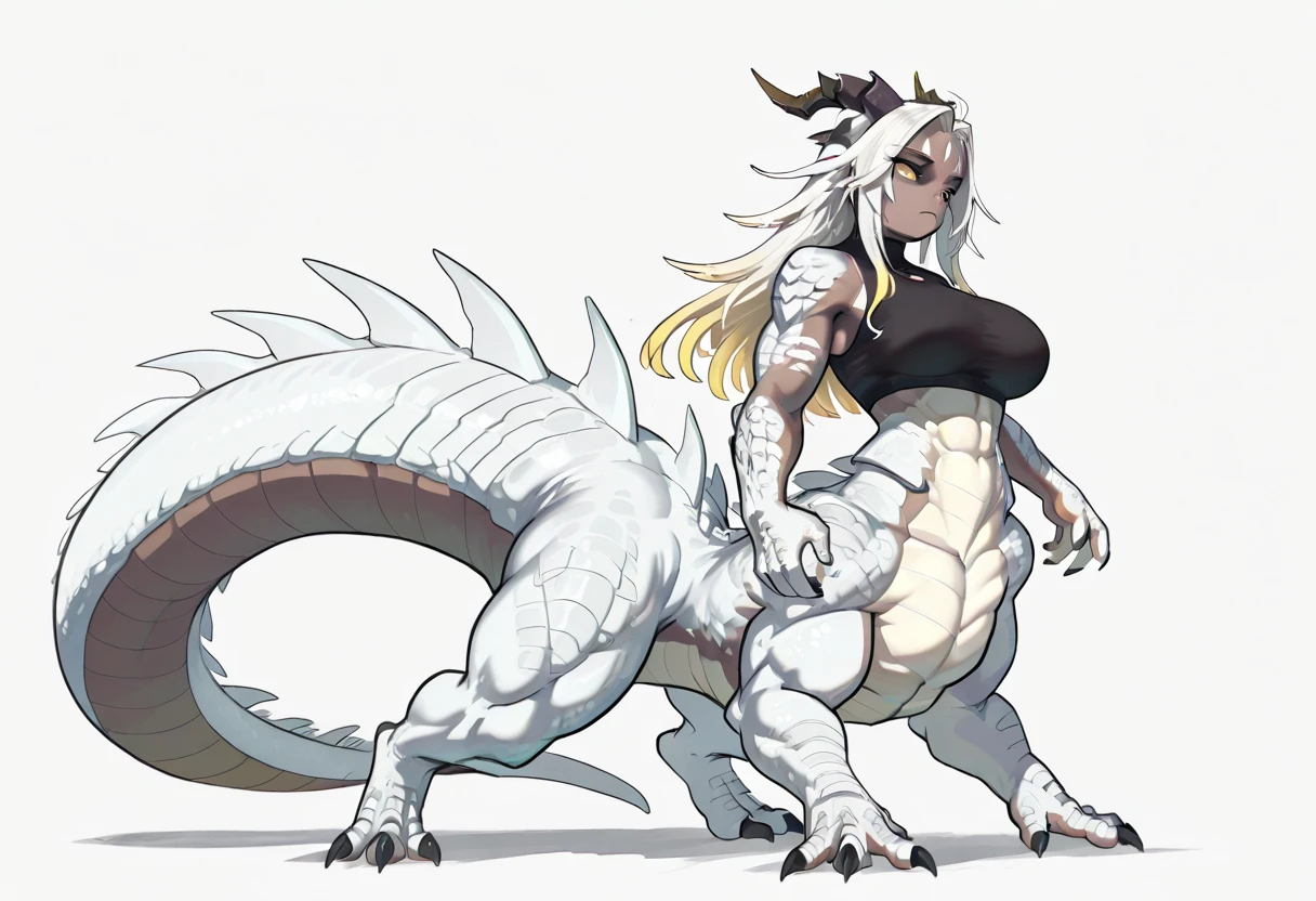 Lamia, long white hair, gigantic muscle, erect penis, big breasts, 4 arms, full body.