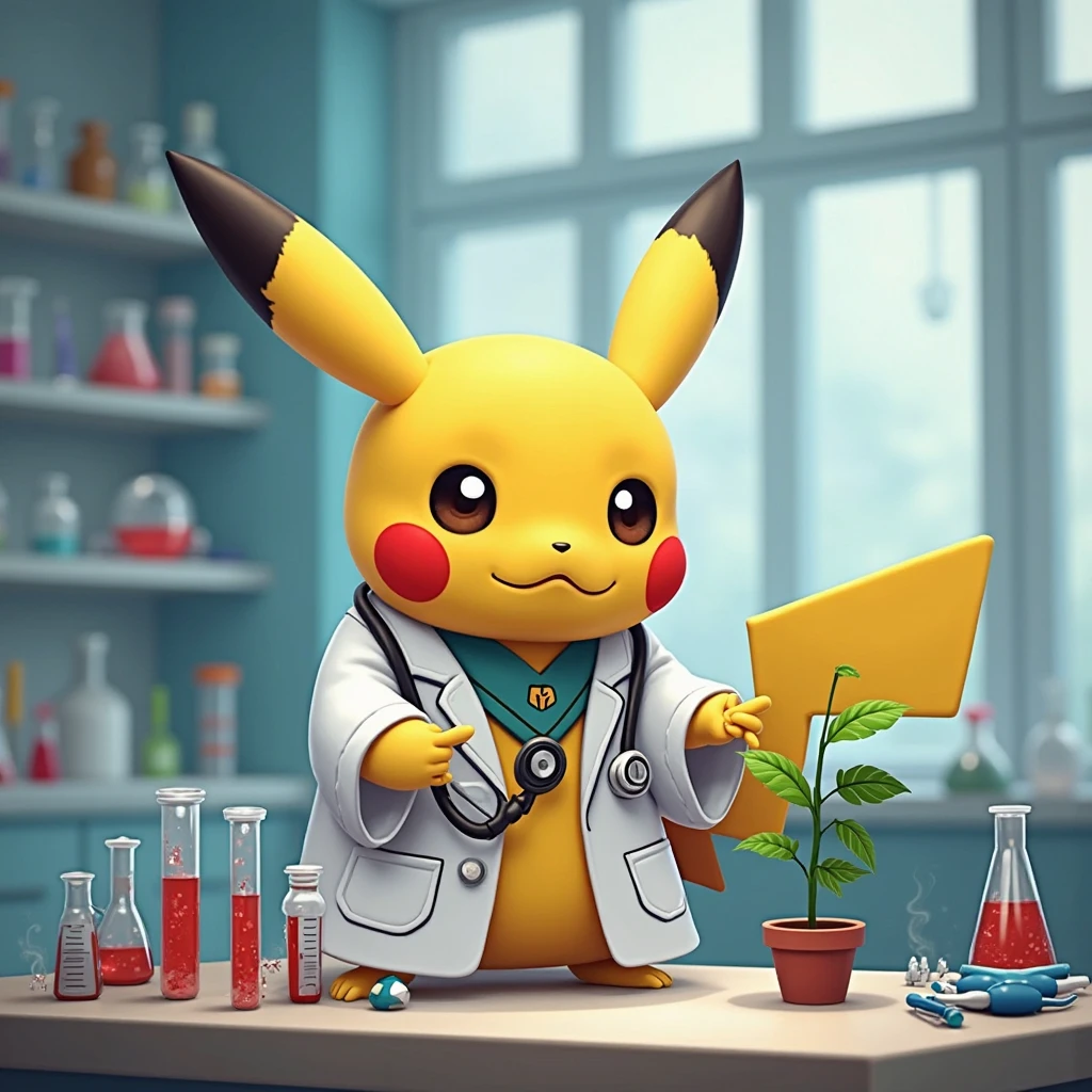 A Pikachu stands in front of a table with chemical instruments, test tubes, beakers, alcohol lamps, realistic , cute, --auto --s2