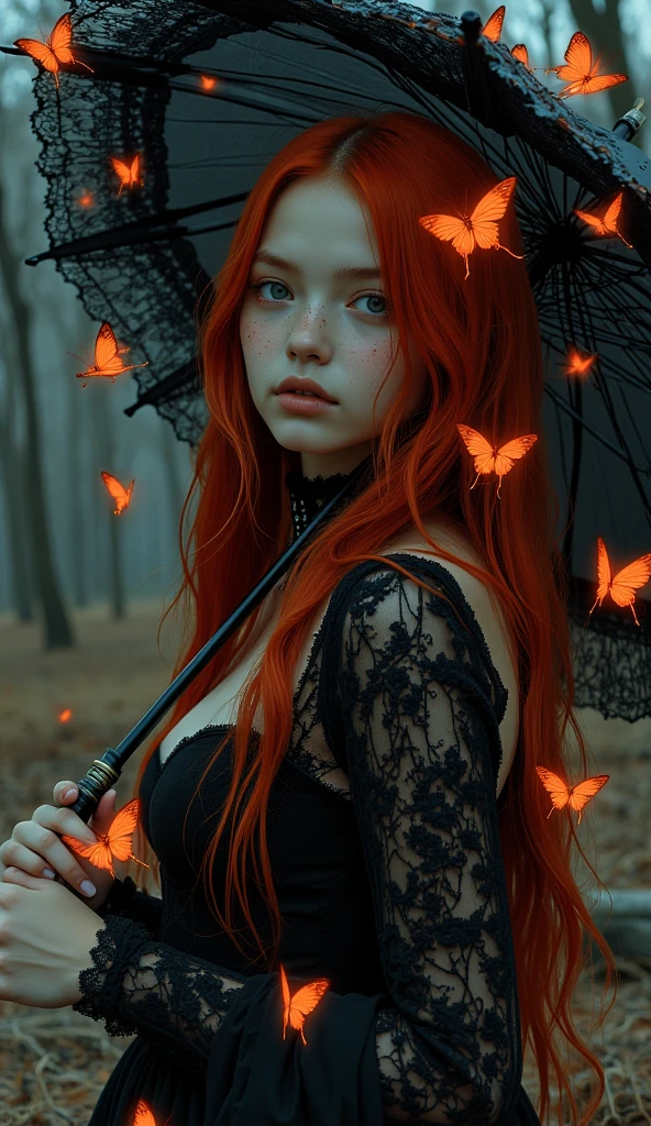 A woman, straight long scarlet hair, She dressed in a gothic dress with a black lace umbrella in her hand,  stare, whisper innocent eyes, butterflies from hell, butterflies made of fire, fire element, blazing butterflies made by flame fly around her, fire made butterflies, rain of fire background, delicate, gothic make up, dark vintage, dim light, low contrast, masterpiece, volumetric lighting.