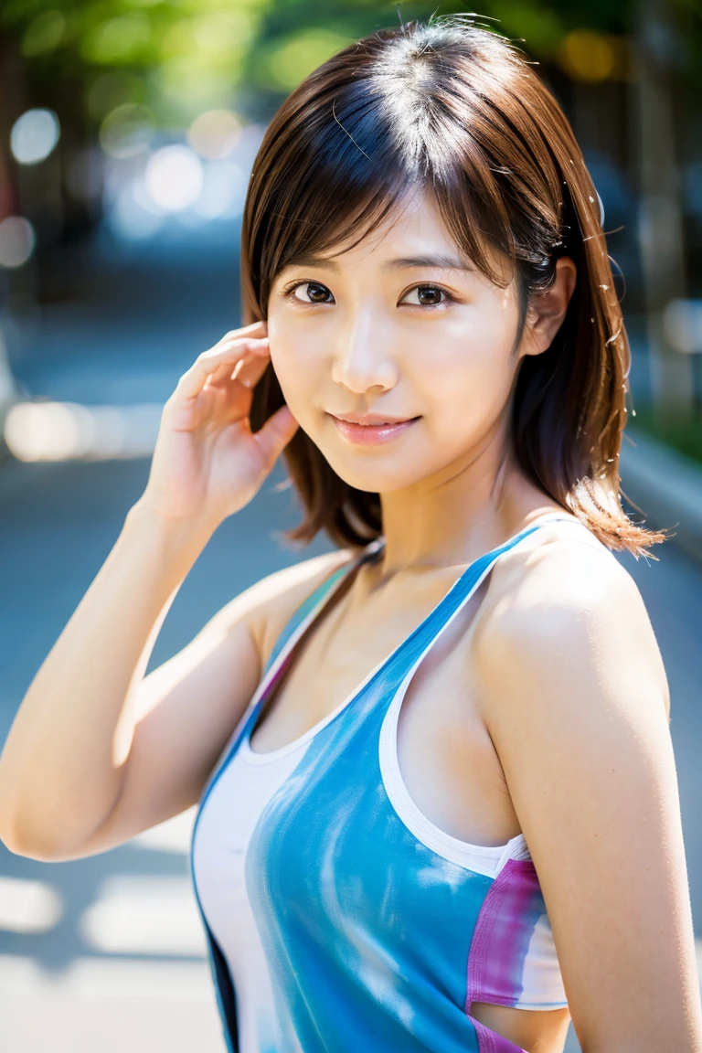 (masterpiece:1.3), (8K, Photoreal, Raw photo, best image quality: 1.4), Japanese female university student、(random hairstyle:1.2)、cleavage:1.2、super detail face、eye for details、double eyelid、chest to chest、sharp focus:1.2、Beautiful woman:1.4、light brown hair、highest quality、masterpiece、超A high resolution、(Photoreal:1.4)、非常に詳細でプロフェッショナルな照明のsmile、thin、smile、short haired、Fatal position large breasts:1.3 Full body shots, ((((3 girls)))), short hair, (wavy hair), ((tracksuit)), abdomen, (No sleeve), (bare arms), shorts,