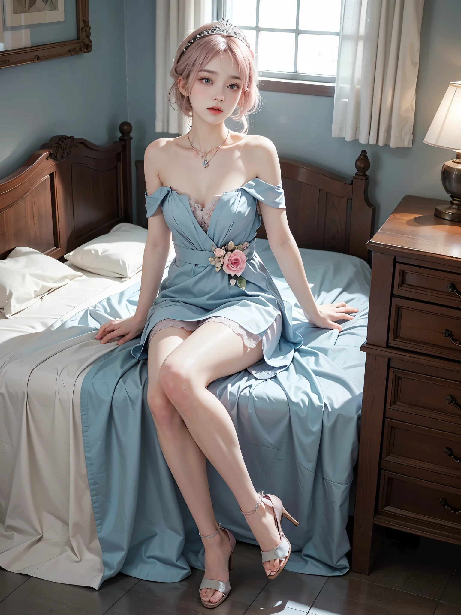strapless two-tone dress,pantyhose, ,,(full body:1.3),(masterpiece, best quality, ultra detailed), 1 girl, lying on her back on a soft light blue bed, looking up with gentle expression, (Big bust, very short hemline), (single bare shoulder:1.3), long flowing pastel pink hair with loose waves, styled with a small tiara and flower hair ornaments, one hand gently touching her hair near her head, the other arm resting along her side, legs slightly bent at the knees and crossed at the ankles, delicate lace necklace, pink ankle-strap heels, soft rim lighting, dreamy atmosphere, bedroom setting, wooden headboard in the background, scattered pink roses on the bed.
