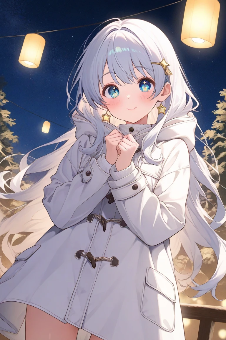 cute女の子、 lori、is young、Testioner、star空、Researcher、Wearing a white coat、wearing a hood、cute、 Silver Hair、eyes、Eyes are blue and gold、Night Sky、star、star座、Sparkling、fantastic、no expression、 hair is long、I'm wearing gold and white clothes、My hair is wavy