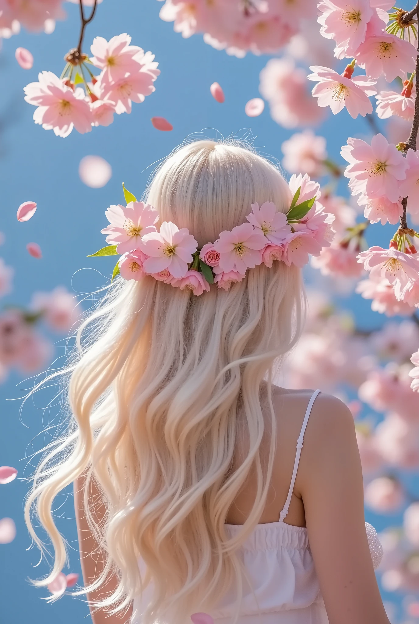 Cherry blossoms:1.37,spring poster design,Good-looking handwritten fonts:“Spring Comes”: Close-up of a girl's back,Back, beautiful hair , fine hair, long hair, flowers in hair ,of yarn is flowing