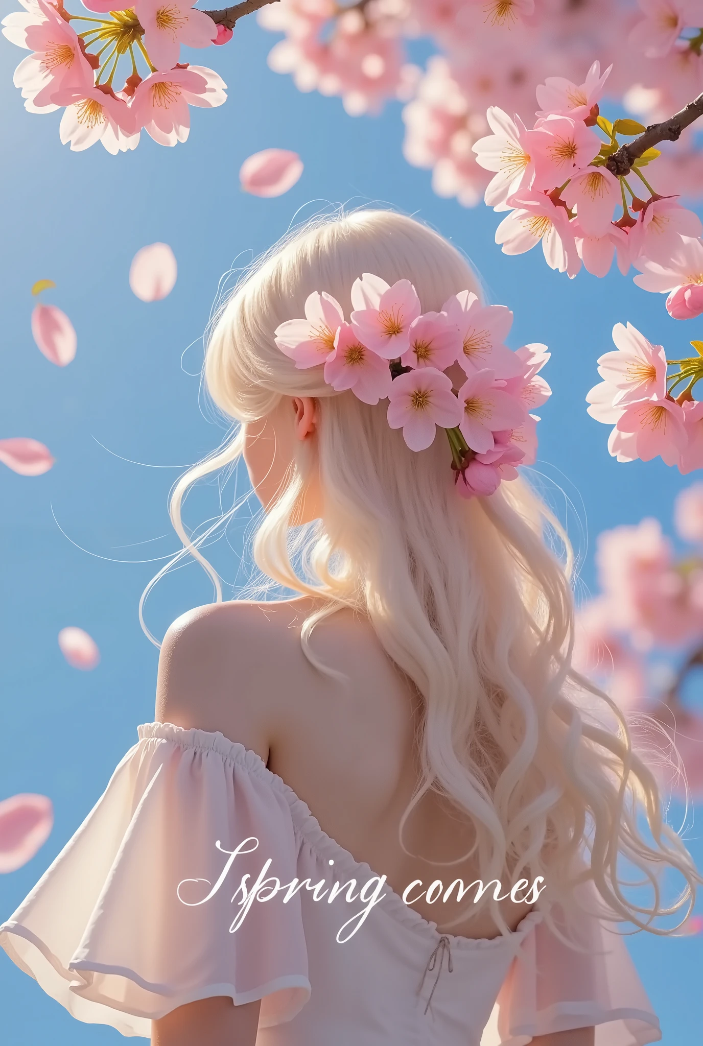 Cherry blossoms:1.37,spring poster design,Good-looking handwritten fonts:“Spring Comes”: Close-up of a girl's back,Back, beautiful hair , fine hair, long hair, flowers in hair ,of yarn is flowing