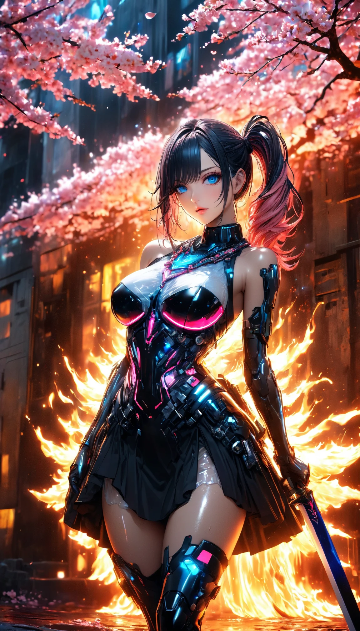 A female robot stands in a private reception area, wearing a luxurious futuristic tight combat suit, with a focus mainly on her upper body. The frame is elegantly cut at the waist, highlighting her slender figure and graceful curves. Her face blends exquisite mechanical features, with mesmerizing eye details, clear lip contours, and scattered light highlighting a soft expression The room is decorated with avant-garde art installations, illuminating the space with bright colors and dynamic patterns Engraving complex flame patterns The room is bathed in charming HDR lighting, creating a dreamy atmosphere through the perfect balance of shadows and highlights Emphasize the complex details of the surrounding environment through hyperdetail technology, presenting every small detail with astonishing clarity The textures and materials of the room are presented with high precision, showing various luxurious surfaces, from smooth glass panels to reflective metal decorations The overall atmosphere of the image blends the decadence and delicacy of futurism The colors are bright and vivid, with a hint of surrealism, adding depth and visual interest to the scene