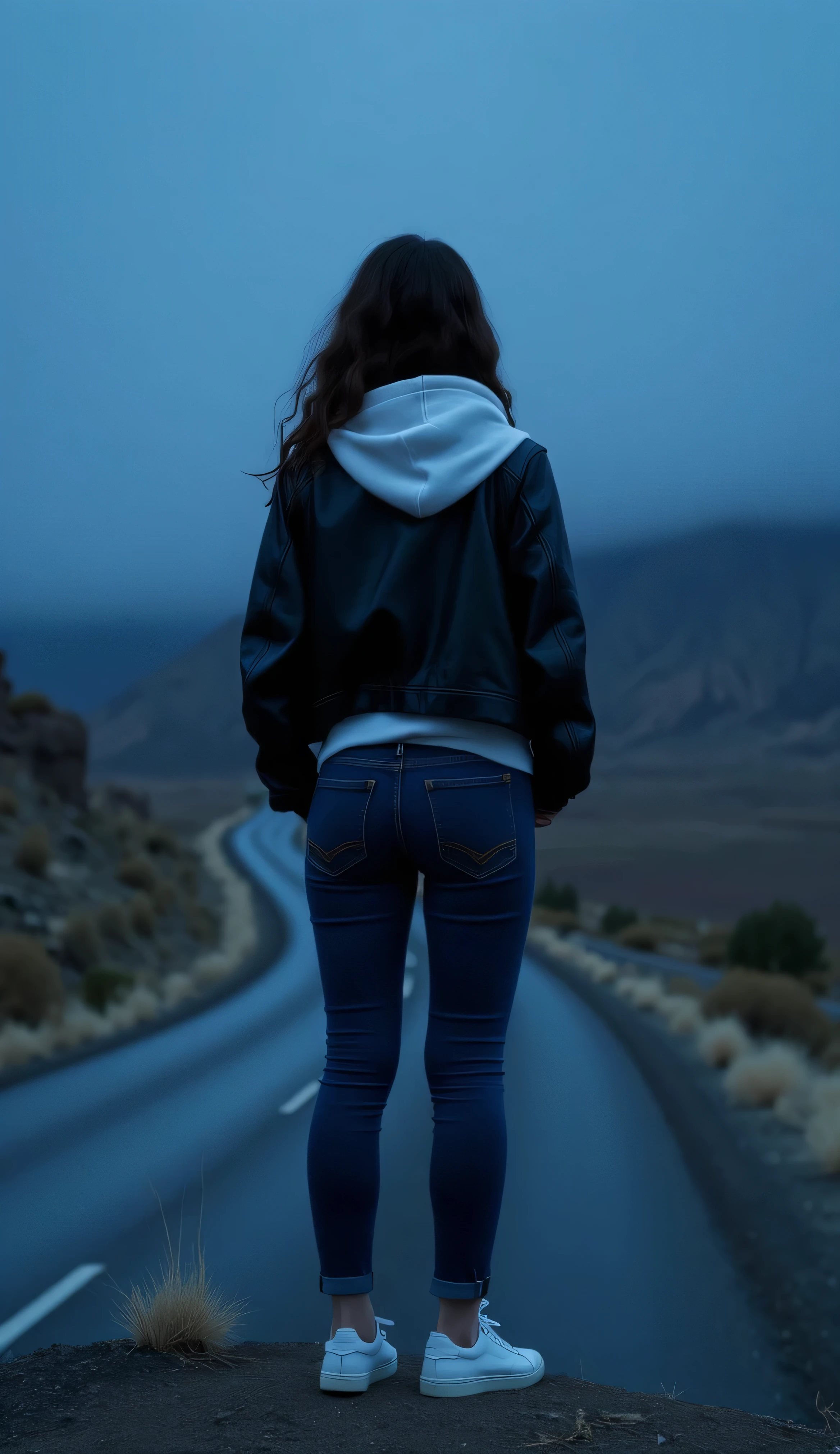 A full body dramatic artistic back shot of a beautiful tall and skinny young woman with dark wavy hairstyle, ((very pale skin)), standing at the edge of a hill, looking towards a long winding desert road with her back to the camera, deep in thought and contemplating, hands in pockets, white hoodie with short black leather jacket on top, dark navy blue jeans, white sneakers, cinematic shot, cinematic composition, thick mist, ((((deep dark sapphire blue color)))), at night, darkness, shadow, masterpiece, digitalart, painting, split complementary palette, muted, monochromatic, achromatic, (cinematic artistic composition), best quality, (ancient feel), philosophy, (flickers of floating glowing tiny blue particles), (((digital art style))), brushstrokes, artistic, sunset hard edge rim lighting, 