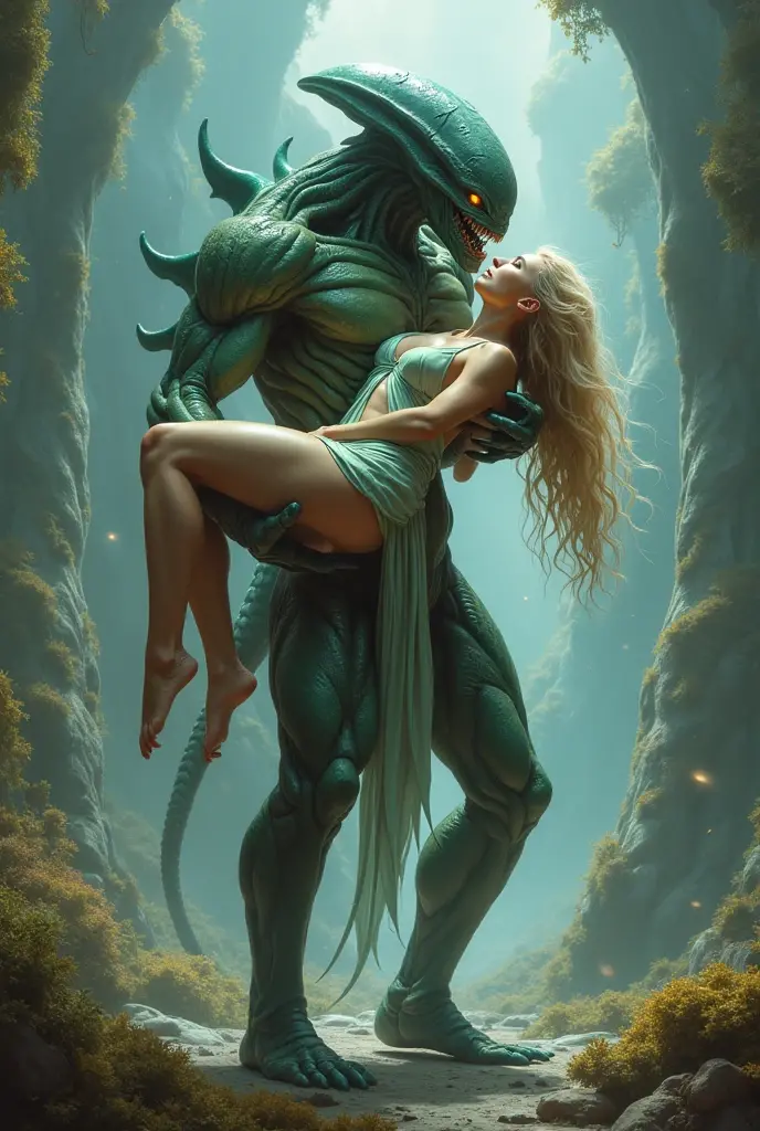 Mucus woman with tentacles making love with a human man