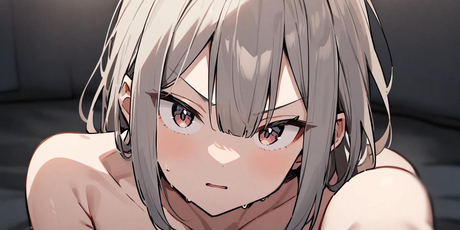 (Hyper-realistic)、(a picture)、(hight resolution)、(in 8K)、(highly detailed)、(Best Illustration)、(Beautiful detailed eyes)、(top-quality)、(ultra-detailliert)、(Master masterpiece)、(wall-paper)、(Detailed face:1.4)、drooping eyes、full of sweat、(short-length hair、(silver to bright red ombre hair:1.25)、black choker:1.4)、独奏、1 woman in Japan、22 years old、(Sweat、Shiny skin)、(A detailed eye、二重まぶた、thin cheeks、 shinny skin、shiny small neck、lighting on the face)、(nude:1.4、Naked:1.4)、((deepthroat:1.4)、penis、1 boy、pov hands)、on the bed、、