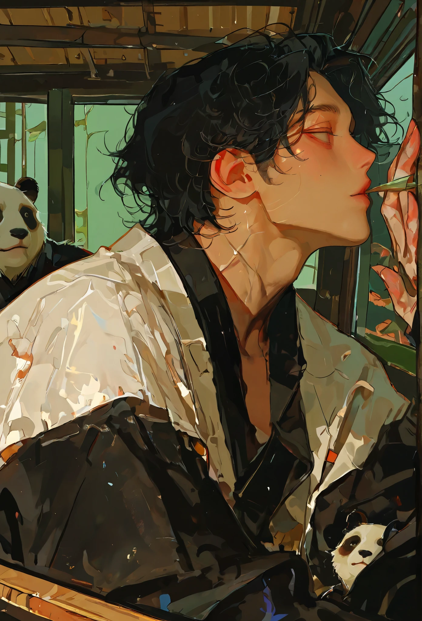 Adult Male, casting, lie, messy black hair, 1 person, Panda, short hair , male focus, casting man, Bold painting , Korean cartoon style , semi-realistic art , semi-realistic art style, Expressive Brushwork , vibrant brushstrokes , impressionist painting, Realistic skin, Realistic hair , Realistic Details , side window seats, realistic image , high profile, natural curly hair