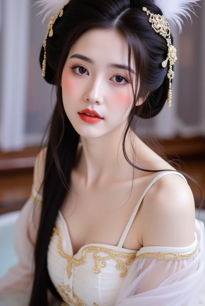 1 beautiful girl, long black hair, black eyes, Ancient Chinese style bun, wearing a thin silk shirt of ancient China, appears shoulders and head in the photo, (pout, embarrassed, small face makeup detailed and very beautiful, Enlarged breasts, regular round breasts, breast augmentation, balanced breasts, big boobs, blush, from front, from above, looking at viewer, upturned eyes, cleavage, masterpiece, top quality, best quality, official art, unity 8k wallpaper, highres, ultra-high res, ultra-detailed, (photorealistic:1.2), alone, solo, Only 1 girl, style hanfu Dunhuang,