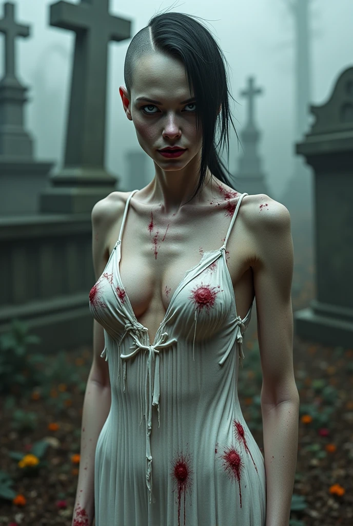 Create a picture of a woman wearing a transparent white dress,long black hair down to the bottom,face full of cuts,vicious eyes,mouth full of blood,the stomach is hollow,visible intestinal organs scattered full of blood,background of an old cemetery, mysterious scary atmosphere,with blood dripping