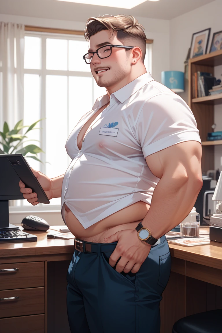 there is a man sitting in a chair with a laptop, there is a Dominatrix master man sitting on a kinky colored velvet red sofa chair with his legs opened spread, showing and revealing his big mega thighs and bulge, wearing wet transparent white thong highlighting his big bugle, his right hand is hiding his face with four correct fingers in accurate anatomy arrangement, handsome face with detailed facial features, correct male anatomy and arrangement, also wearing white transparent wet tight shirt highlighting his big pecs, sexy erotic seducing look, mega muscles, masculine stocky chubby big body, very short military hairy style, office environment, flawless white skin, wet shiny erotic skin, wearing black shiny glossy boots, , sitting on his kinky leather throne, massive thighs focus, very sexy kinky, BDSM master, professional DSLR photo shoot and retouching, shadow, highlight, sharpness, depth of field, detailed fine quality high resolution illustration art, masterpiece a laptop on his lap, wet looking, Macbook pro with apple logo