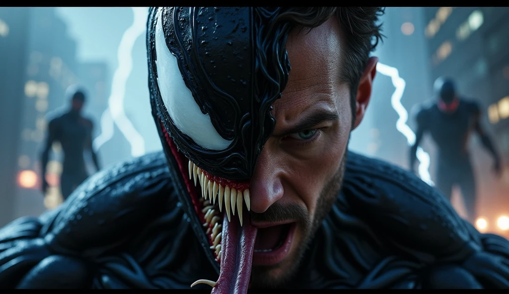 Hyper realistic movie scene Close-up of Eddie Brock "Tom Hardy" and Venom "Marvel Venom Character", focusing on their serious, powerful expressions. Eddie Brock is focused and Venom is poised for battle, with a dark background to highlight the details.
