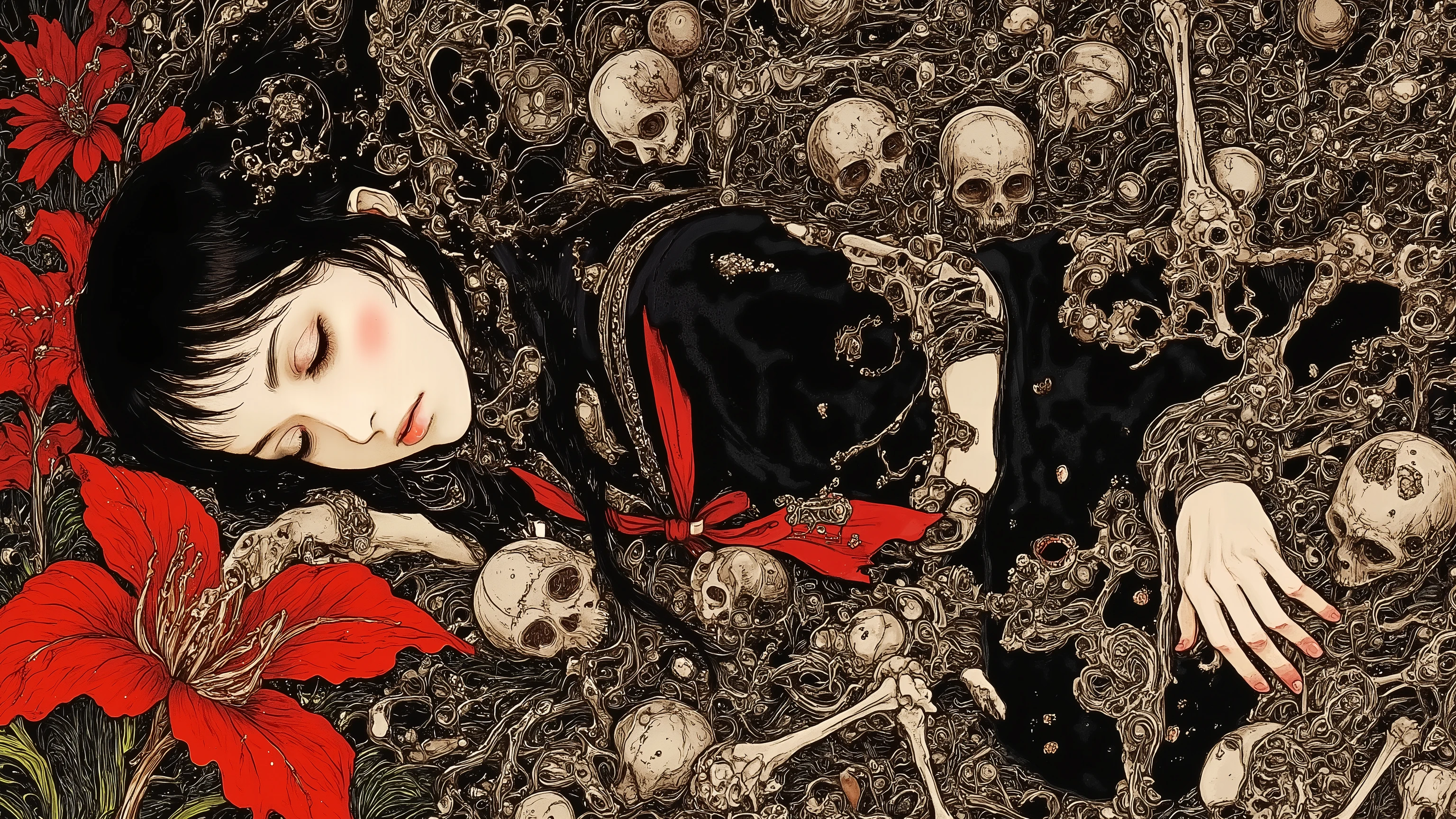 1 girl,beautiful face,turime,black hair,long straight hair ,Bob,hime cut, long hair,((wearing Japanese school black sailor uniform with mini black skirt, red ribbon,long sleeve)), navel,(sleeping,closed eyes,lying bones, skeletons:1.3),horror,creepy,erotic,Nihonga,Japanese painting style,,(vivid color:1.5),sharp line,((red spider lily)),((black,red)),scarlet, dynamic pose,detailed image, ,junji ito style,scary ukiyo-e