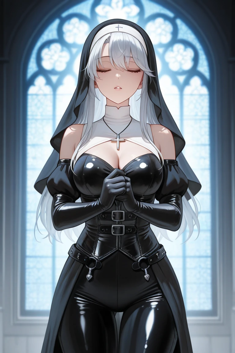 The image depicts a figure dressed in traditional nun attire with a twist, giving her the appearance of a warrior. The habit is black with silver accents, and it's designed to resemble both a religious garment and battle armor. Her white hair is shorter, adding to her stern yet graceful visage. Her facial expression is composed, featuring a subtle, closed-mouth smile that implies a malefic nature. She stands full-bodied, with a posture that exudes confidence and a sense of hidden power, beautiful, malefic expresion, warrior