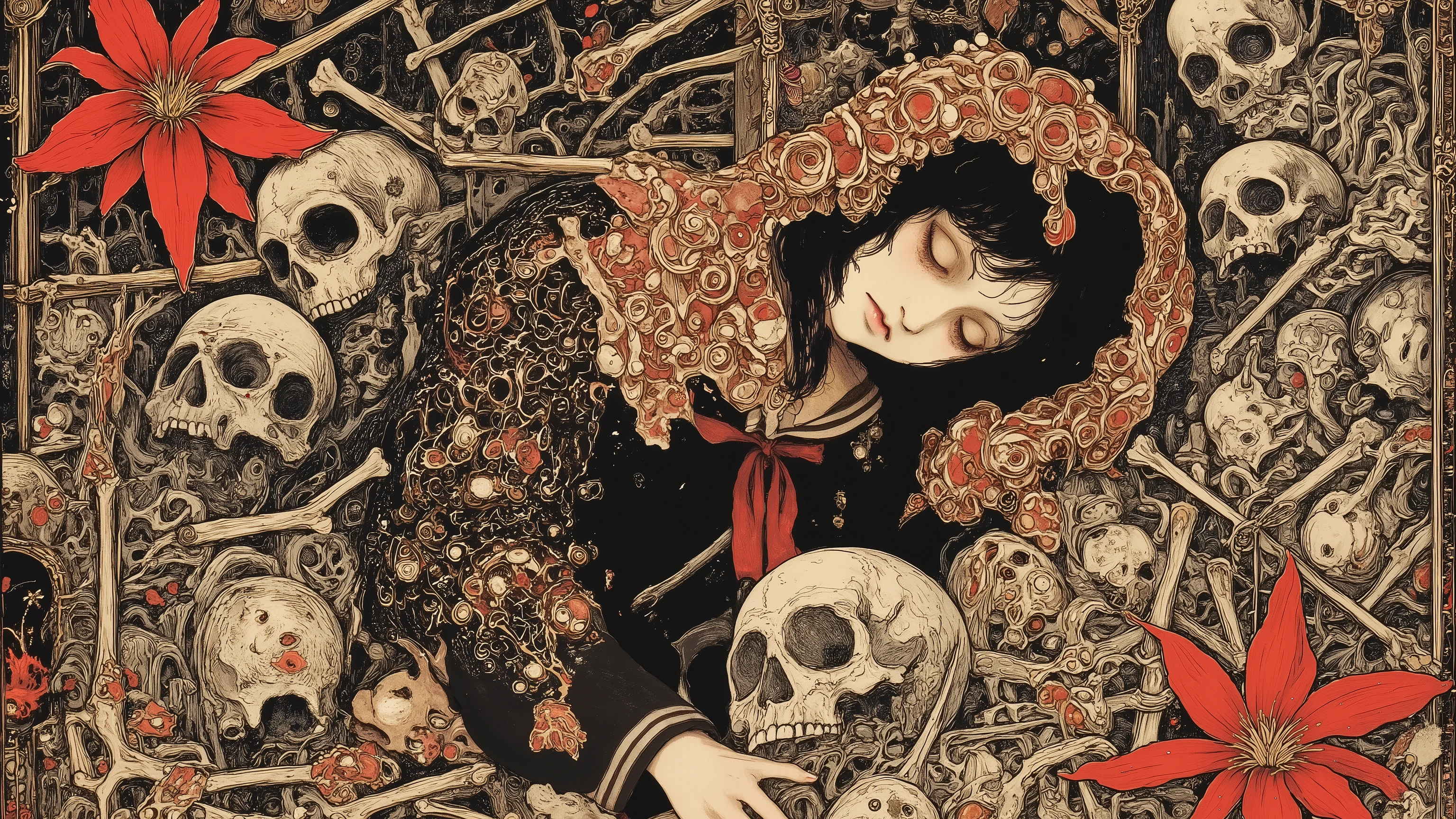 1 girl,beautiful face,turime,black hair,long straight hair ,Bob,hime cut, long hair,((wearing Japanese school black sailor uniform with mini black skirt, red ribbon,long sleeve)), navel,(sleeping,closed eyes,lying bones, skeletons:1.3),horror,creepy,erotic,Nihonga,Japanese painting style,,(vivid color:1.5),sharp line,((red spider lily)),((black,red)),scarlet, dynamic pose,detailed image, ,junji ito style,scary ukiyo-e