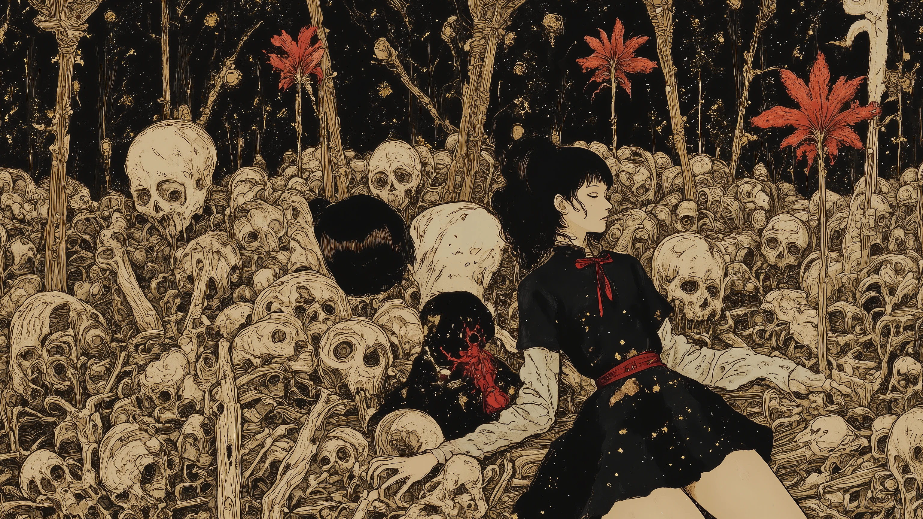 1 girl,beautiful face,turime,black hair,long straight hair ,Bob,hime cut, long hair,((wearing Japanese school black sailor uniform with mini black skirt, red ribbon,long sleeve)), navel,(sleeping,closed eyes,lying bones, skeletons:1.3),horror,creepy,erotic,Nihonga,Japanese painting style,,(vivid color:1.5),sharp line,((red spider lily)),((black,red)),scarlet, dynamic pose,detailed image, ,junji ito style,scary ukiyo-e