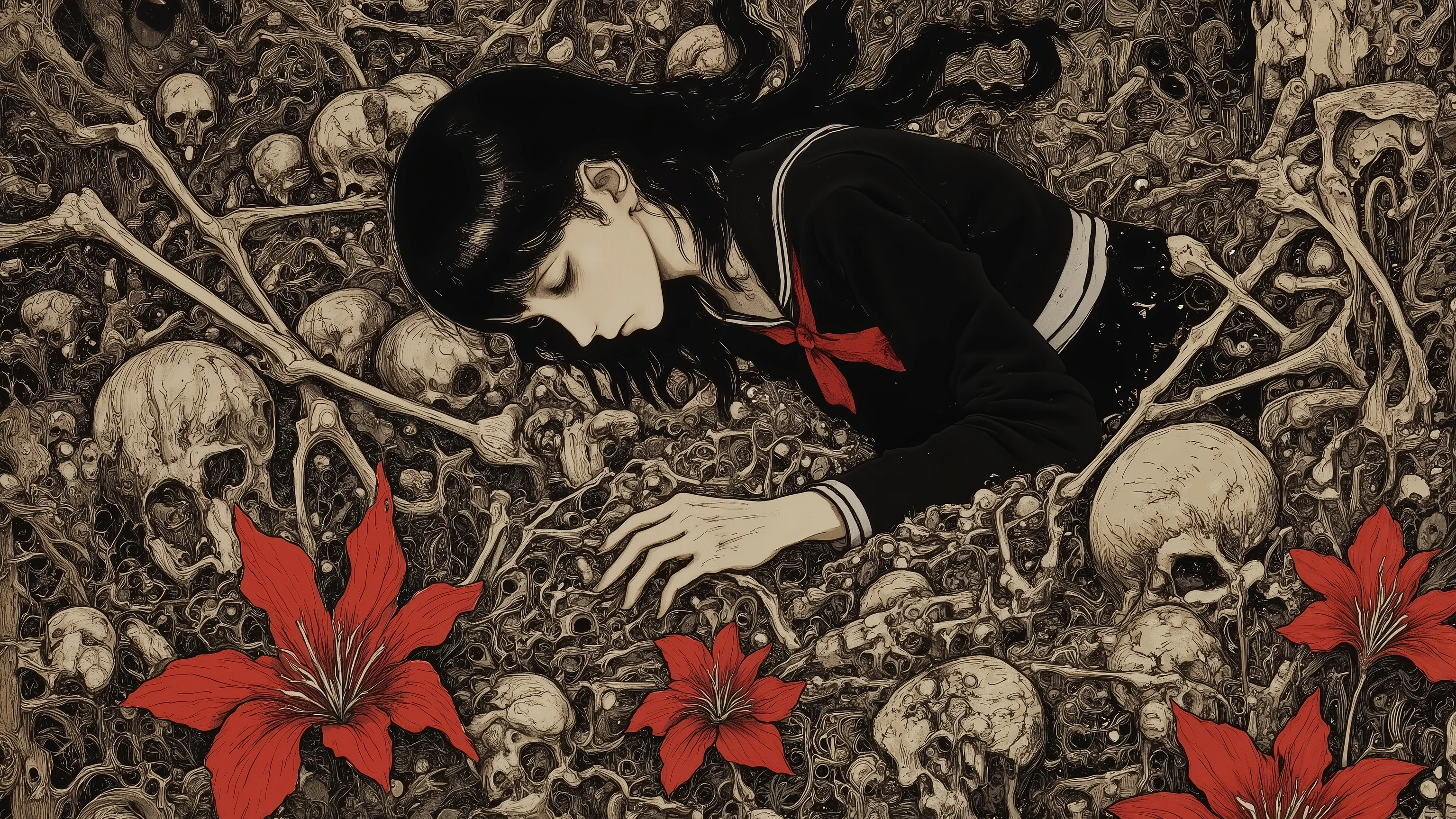 1 girl,beautiful face,turime,black hair,long straight hair ,Bob,hime cut, long hair,((wearing Japanese school black sailor uniform with mini black skirt, red ribbon,long sleeve)), navel,(sleeping,closed eyes,lying bones, skeletons:1.3),horror,creepy,erotic,Nihonga,Japanese painting style,,(vivid color:1.5),sharp line,((red spider lily)),((black,red)),scarlet, dynamic pose,detailed image, ,junji ito style,scary ukiyo-e
