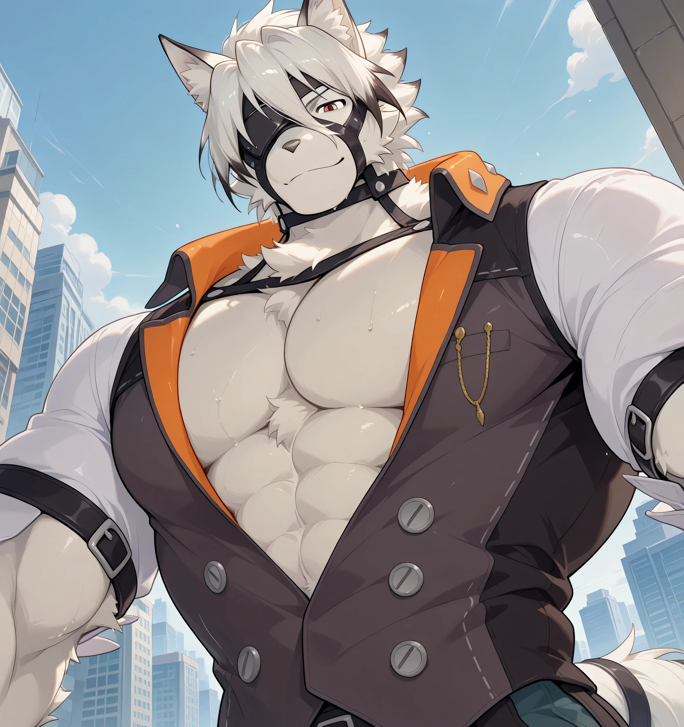 detailed background, low view, front view, city, dutch angle, upper body shot, solo BREAK score_9_up,score_8_up,score_7_up,score_6_up,score_5_up,score_4_up BREAK kemono, bara, furry, 1boy, Lycaon, white fur, white hair, animal ears, tail, eye patch, red eyes, male, ripped clothing, huge muscular, male, broad chest, broad shoulders, thick arms, thick legs, macro, posing, bedroom eyes, serious, smile, sweaty, opening his suit to reveal his pectorals, looking at viewer