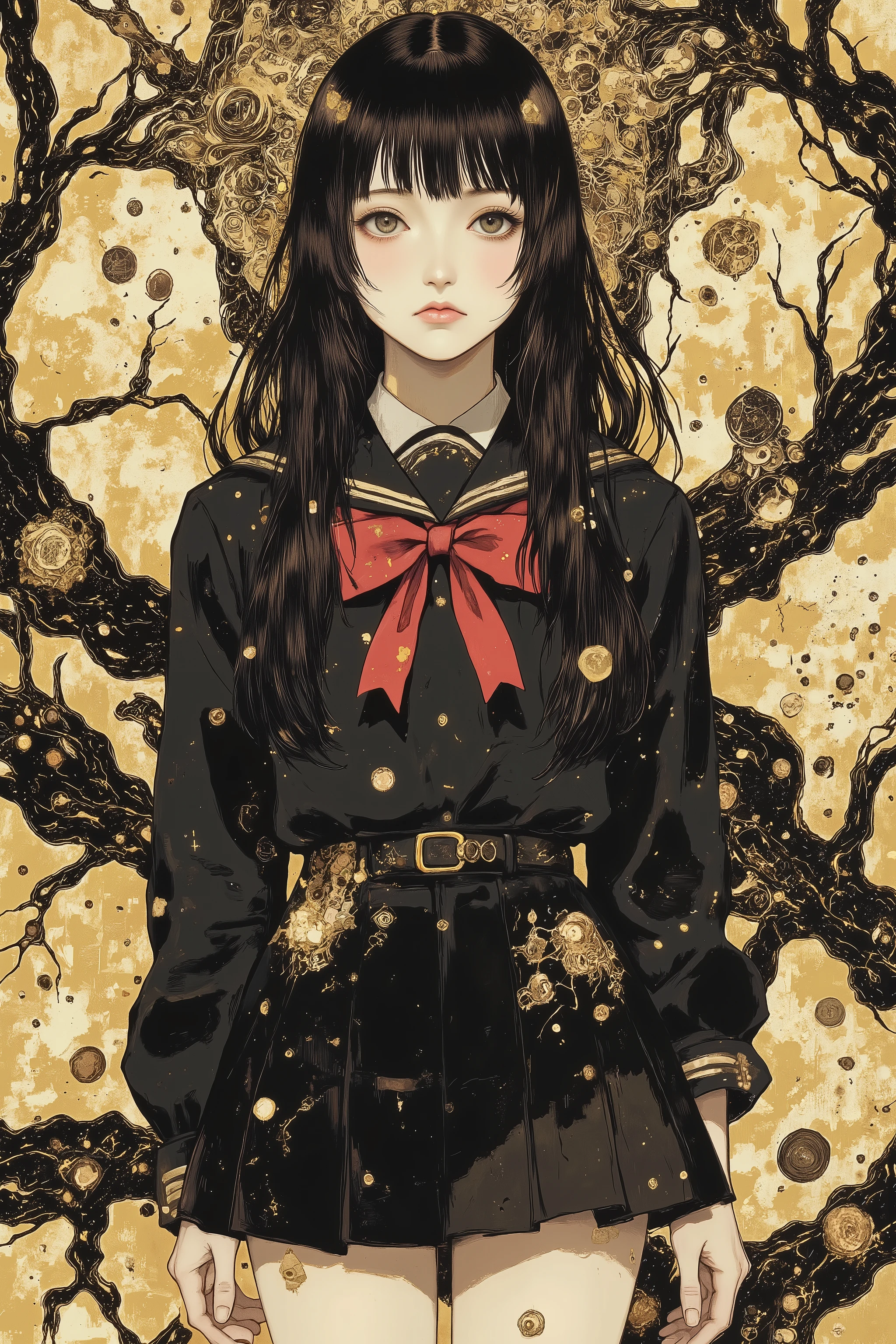 1 girl,beautiful face,turime,black hair,long straight hair ,Bob,hime cut, long hair,((wearing Japanese school black sailor uniform with mini black skirt, red ribbon,long sleeve)),Nihonga,Japanese painting style,(vivid color:1.5),sharp line,dynamic pose,detailed image, ,junji ito style,scary ukiyo-e,CynthiaPortrait