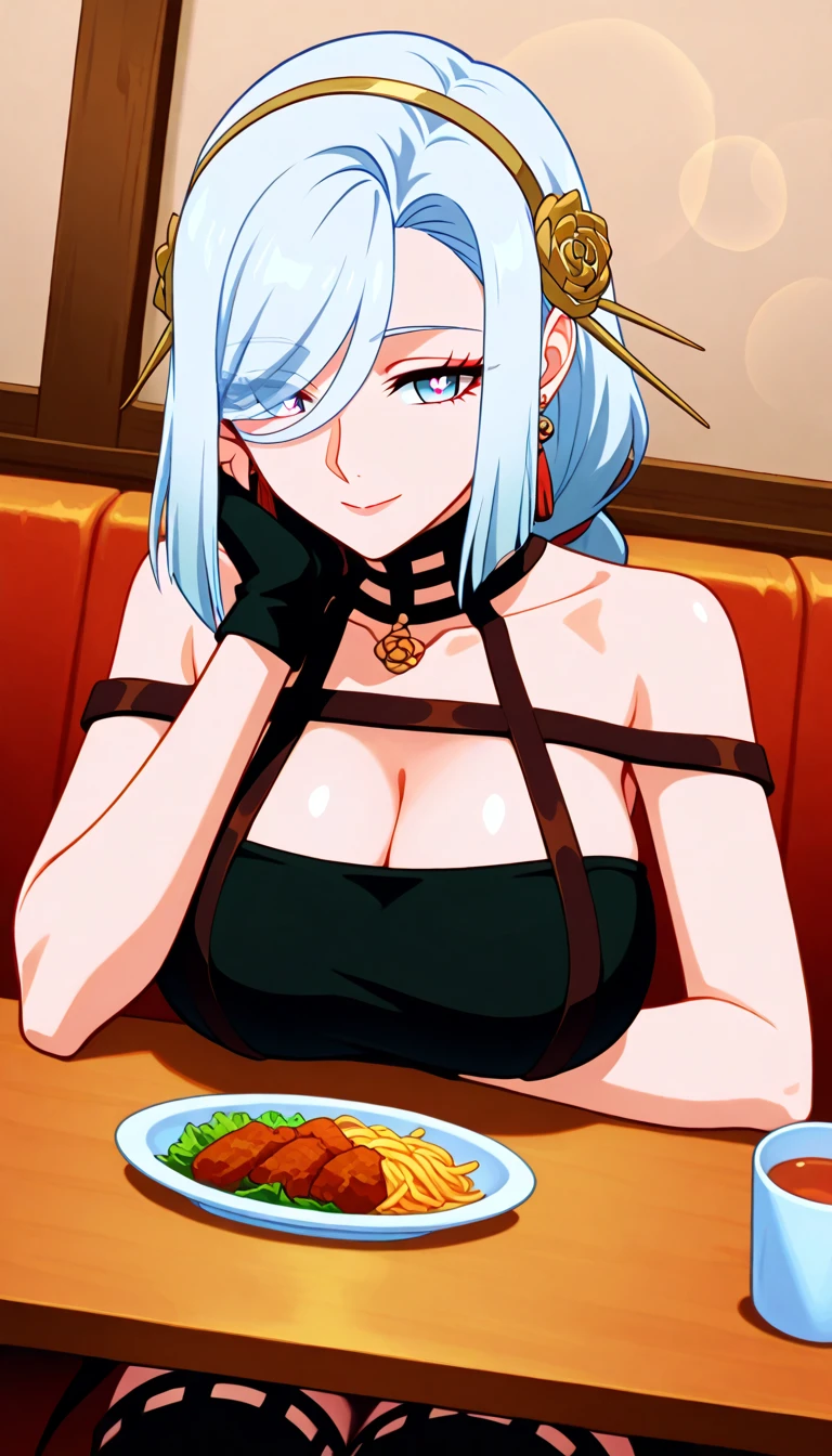 diosa griega mujer albina de cabello muy largo, sentada en una cafeteria elegante, ojos azules y pelo albino largo, diosa griega con ropa de diosa y corona de laureles en su cabeza