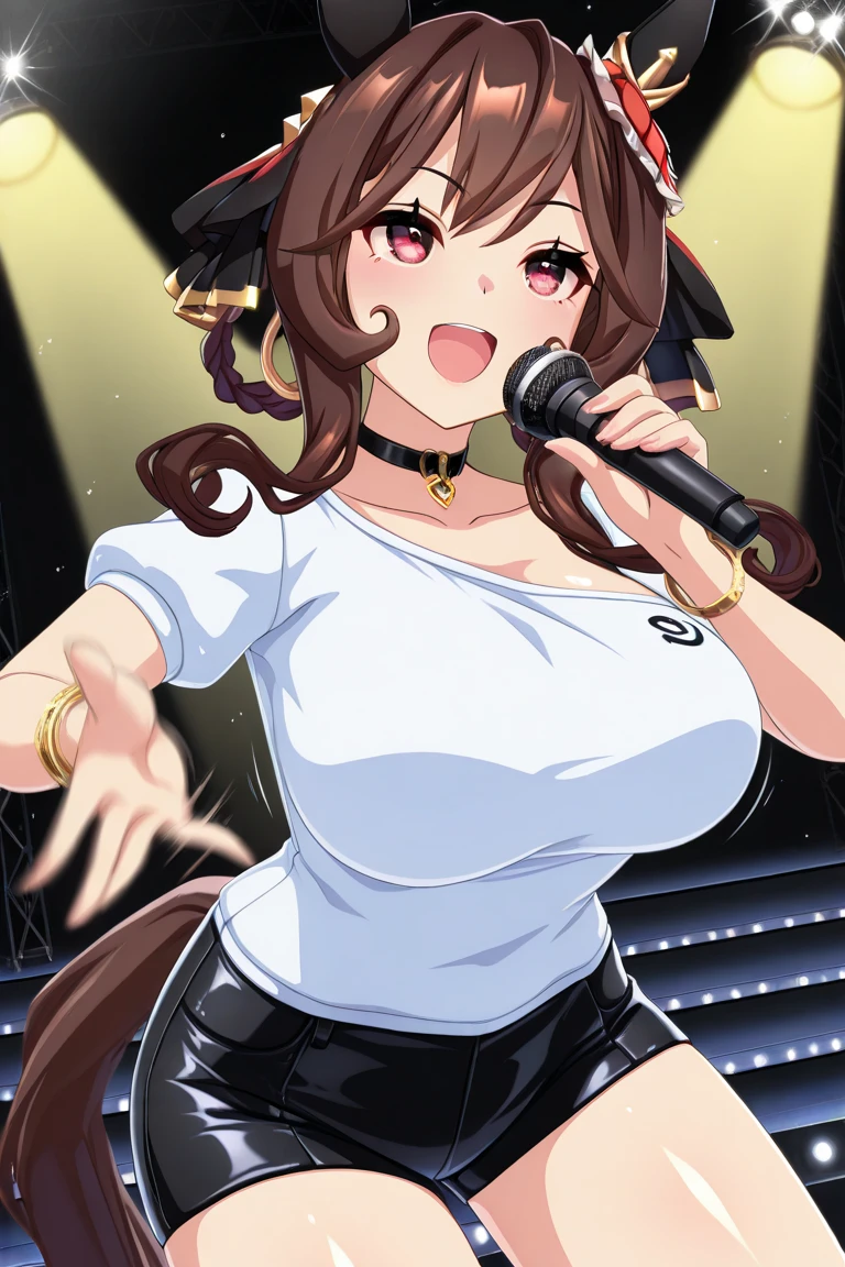 riofutaba, highres, highest quallity, illustration, ultra detailed, (detailed face), (detailed eyes), soft lighting, best quality, hyper detailed, masterpiece, 1girl, solo, outfit3, ashe brown hair, long hair, brown eyes, huge breast, glasses, leotard, playboy bunny, bow tie, rabbit ears, pantyhose, wrist cuffs, luminous eyes, large breasts, (colorful), upper body, looking at viewer, singing, smile, indoors, on stage, performance, stage lights, spotlight, holding microphone, leaning forward