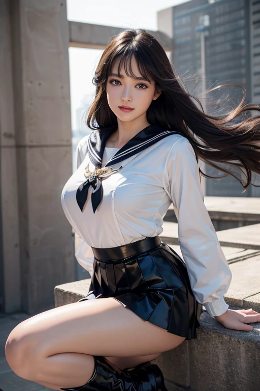 1girl in, Dark blue hair, Bangs, Long hair, Sparkling eyes, longeyelashes, makeup, lightsmile, depth of fields, One-person viewpoint, close-up, From below, wide angles, F/1.8, 135 mm, canon, nffsw, retinas, masutepiece, ccurate, Anatomically correct, Textured skin, Super Detail, high details, High quality, Best Quality, hight resolution, 1080p, 4K, 8K,(Female student climbing the stairs of school),46-point diagonal bangs,female students、((uniform: White blazer with emblem on the chest))、Translucent white blouse、(red bowtie)、（(Miniskirts in bright colors,Check stripe)（）、A smile,((Skirt soars in the wind)),((White T-back panties visible)),((posterior view)),((Looks Back))、