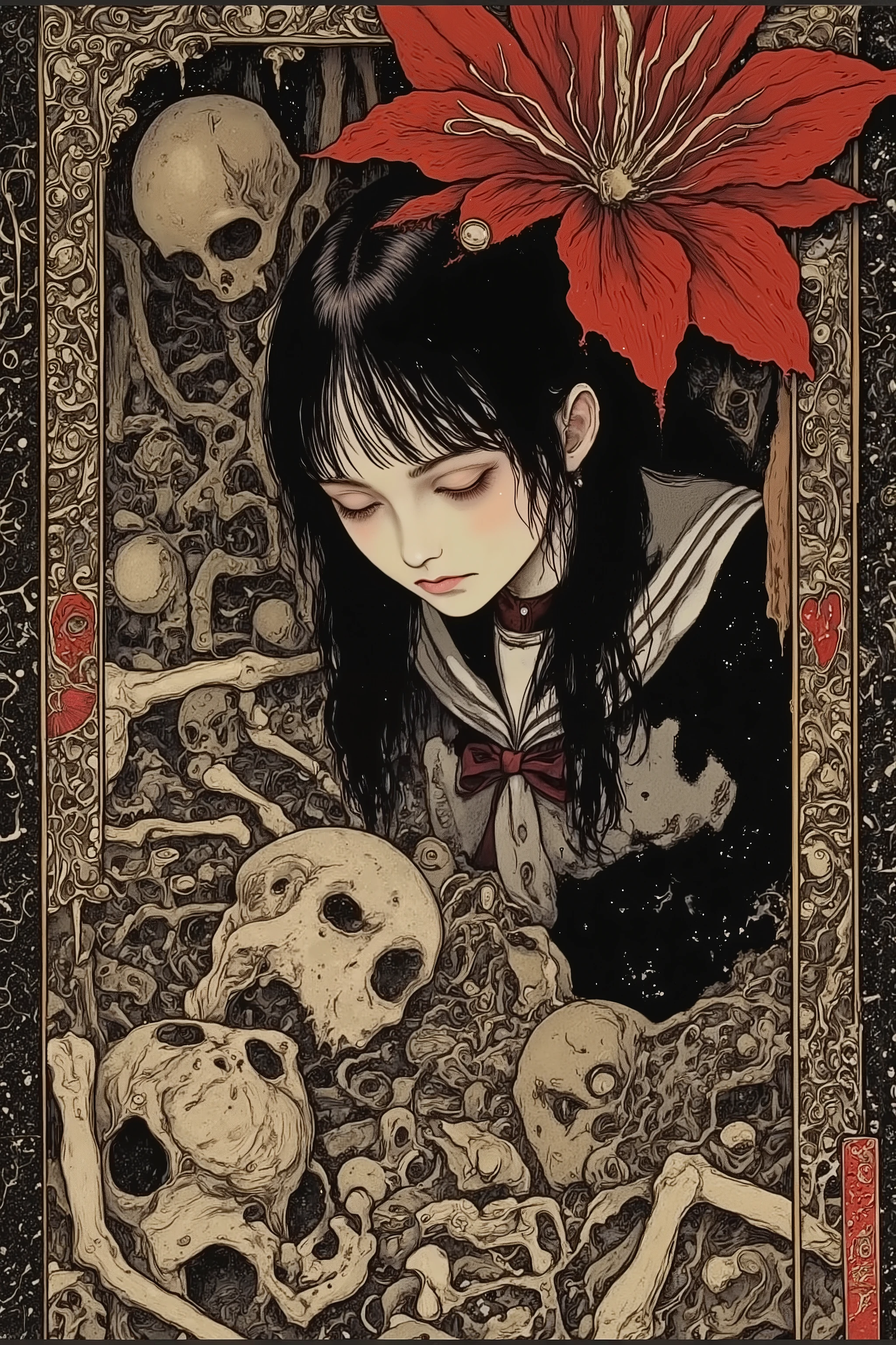 1 girl,beautiful face,turime,black hair,long straight hair ,Bob,hime cut, long hair,((wearing Japanese school black sailor uniform with mini black skirt, red ribbon,long sleeve)), navel,(sleeping,closed eyes,lying bones, skeletons:1.3),horror,creepy,erotic,Nihonga,Japanese painting style,,(vivid color:1.5),sharp line,((red spider lily)),((black,red)),scarlet, dynamic pose,detailed image, ,junji ito style,scary ukiyo-e