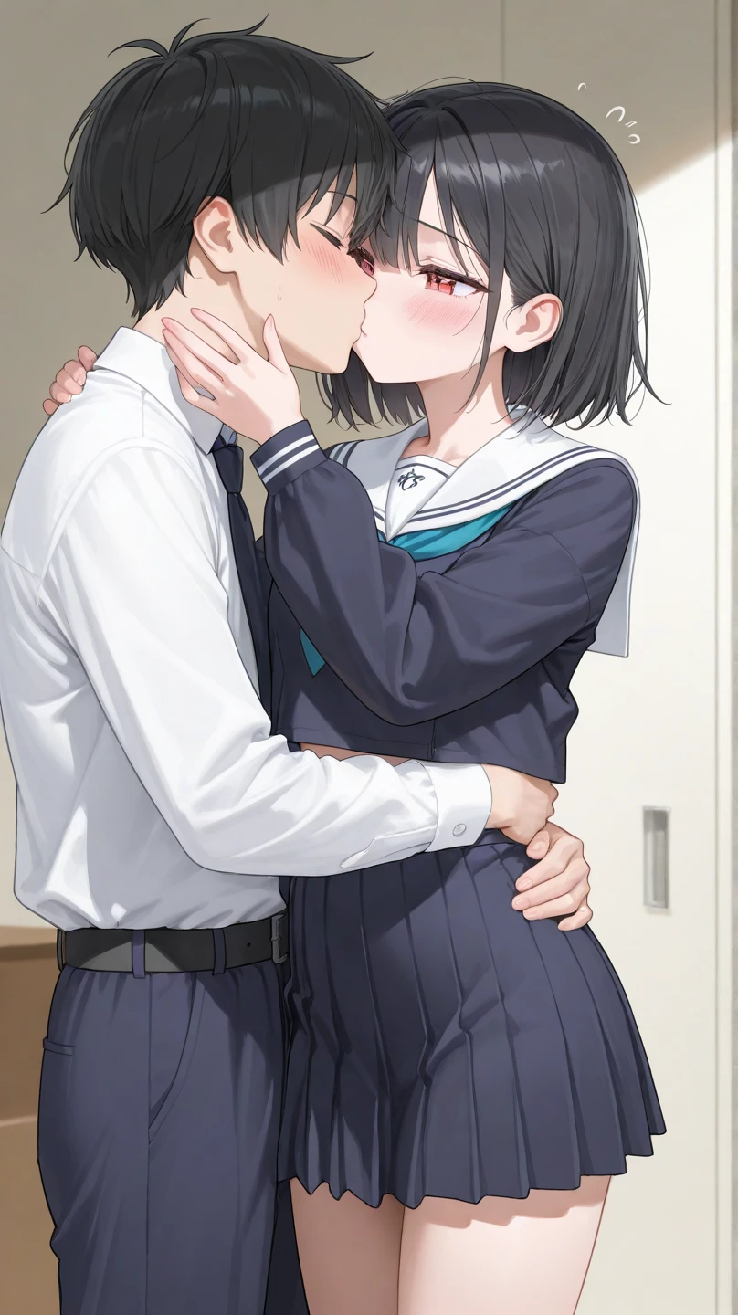 Japanese、Male and female pair、white breath、(Blowjob)、Depicting head movement back and forth、Sailor suit、stockings、Thick pubic hair、Fair skin、Black Hair、short hair、School、Side view、motion blur effect、