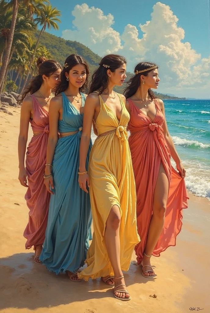 (oil painted), ((three female Latina goddess gown)), ((Full body)), ((dynamic pose)), (((short hair or hairless))), stunning face ,((Random dress tribal clothes)), (((tribal artifacts))), ((tribal oil painting in body)), Hard storming and wind effects, Paul Klee style, surreal masterpiece, octane rendering, focus, colorful oil paintedbackground, detailed, intricate details, rich colors, barefoot,