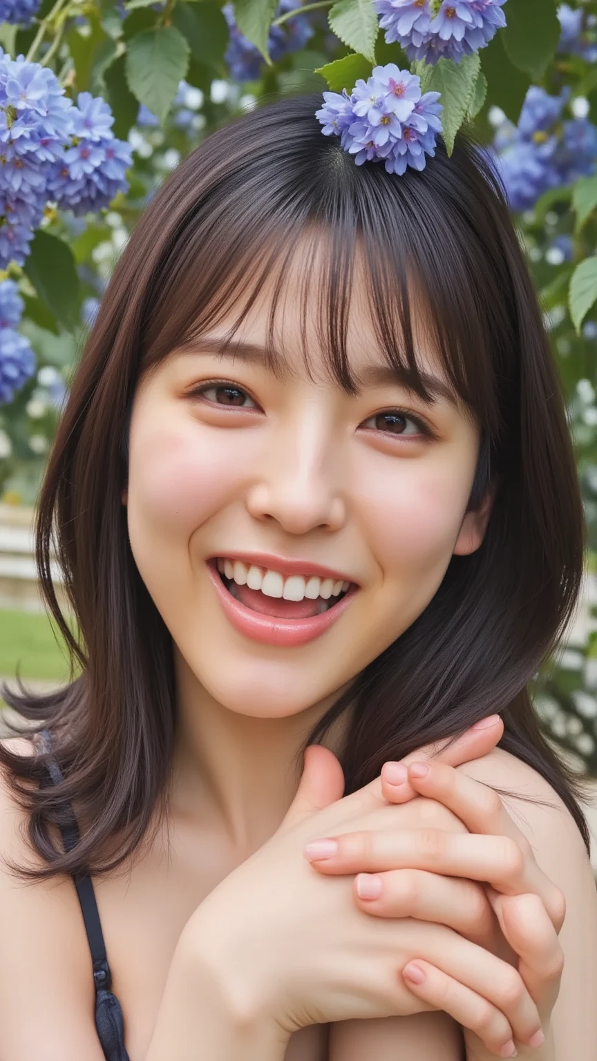 Minami Hamabe,(highest quality,16k,High resolution:1.2),Dark brown long hair,Girls in their 20s,Very detailed,One Girl,A beautiful 26 year old woman,(Minami Hamabe:1.3),(smile),garden,(high quality,ultra detailed,best quality,masterpice,4k,taken by nikon d750:1.0)