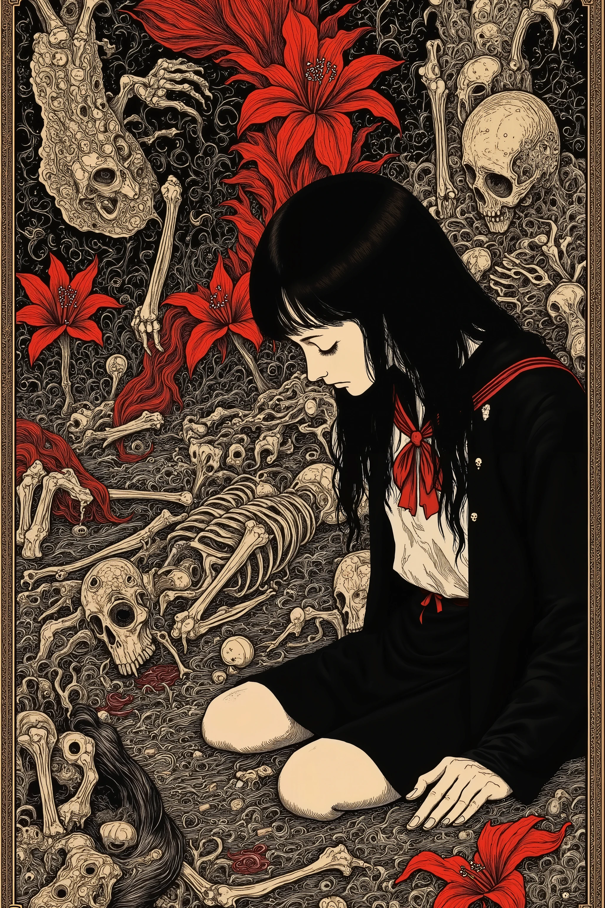 1 girl,beautiful face,turime,black hair,long straight hair ,Bob,hime cut, long hair,((wearing Japanese school black sailor uniform with mini black skirt, red ribbon,long sleeve)), navel,(sleeping,closed eyes,lying bones, skeletons:1.3),horror,creepy,erotic,Nihonga,Japanese painting style,,(vivid color:1.5),sharp line,((red spider lily)),((black,red)),scarlet, dynamic pose,detailed image, ,junji ito style,scary ukiyo-e