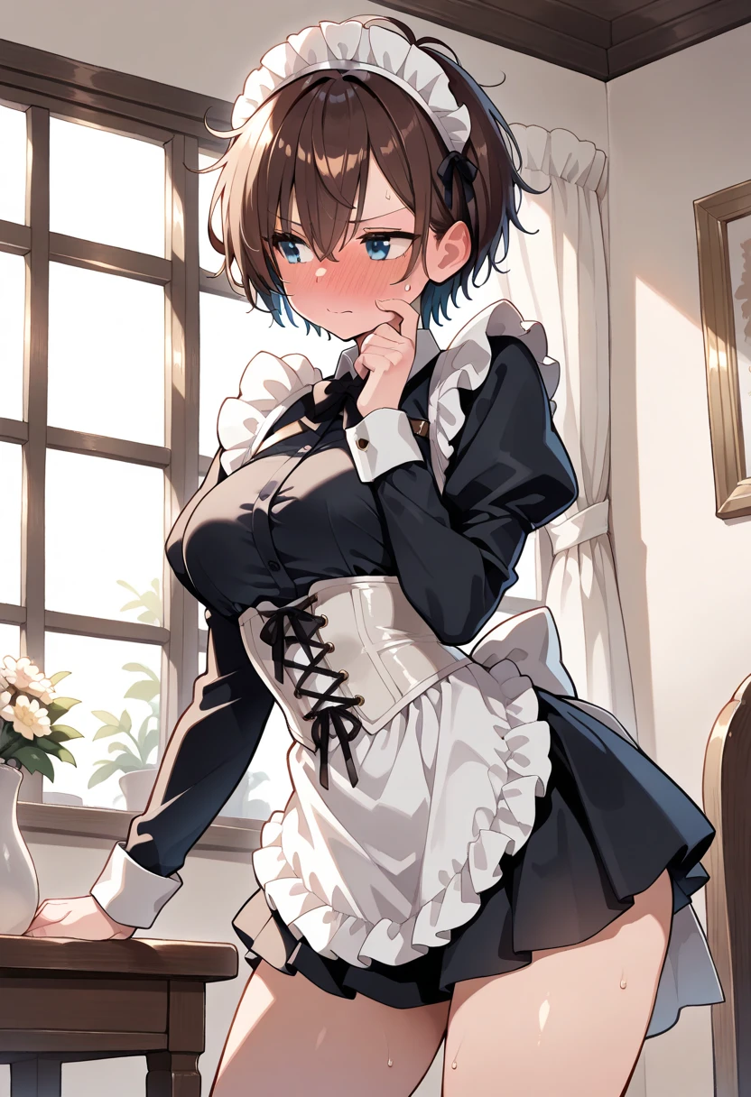 highest quality、masterpiece、((1 girl))、((smile))、(blush:1.3)、Black Shirt、blouse、((fun!!))、(Small breasts)、(single braid)、()、()、((White apron:1.5))、((Maid))、((hair ornaments)),、Kamimei、look at me、 ((in house:1.5))、 Taking a break from watching the audience、Cowboy Shot、(skirt lift:1.3),(Highly detailed white panties:1.3)、(highly detailed panties:1.3)、、(スカート that rolls up:1.3)、(Panties fully exposed:1.5)、