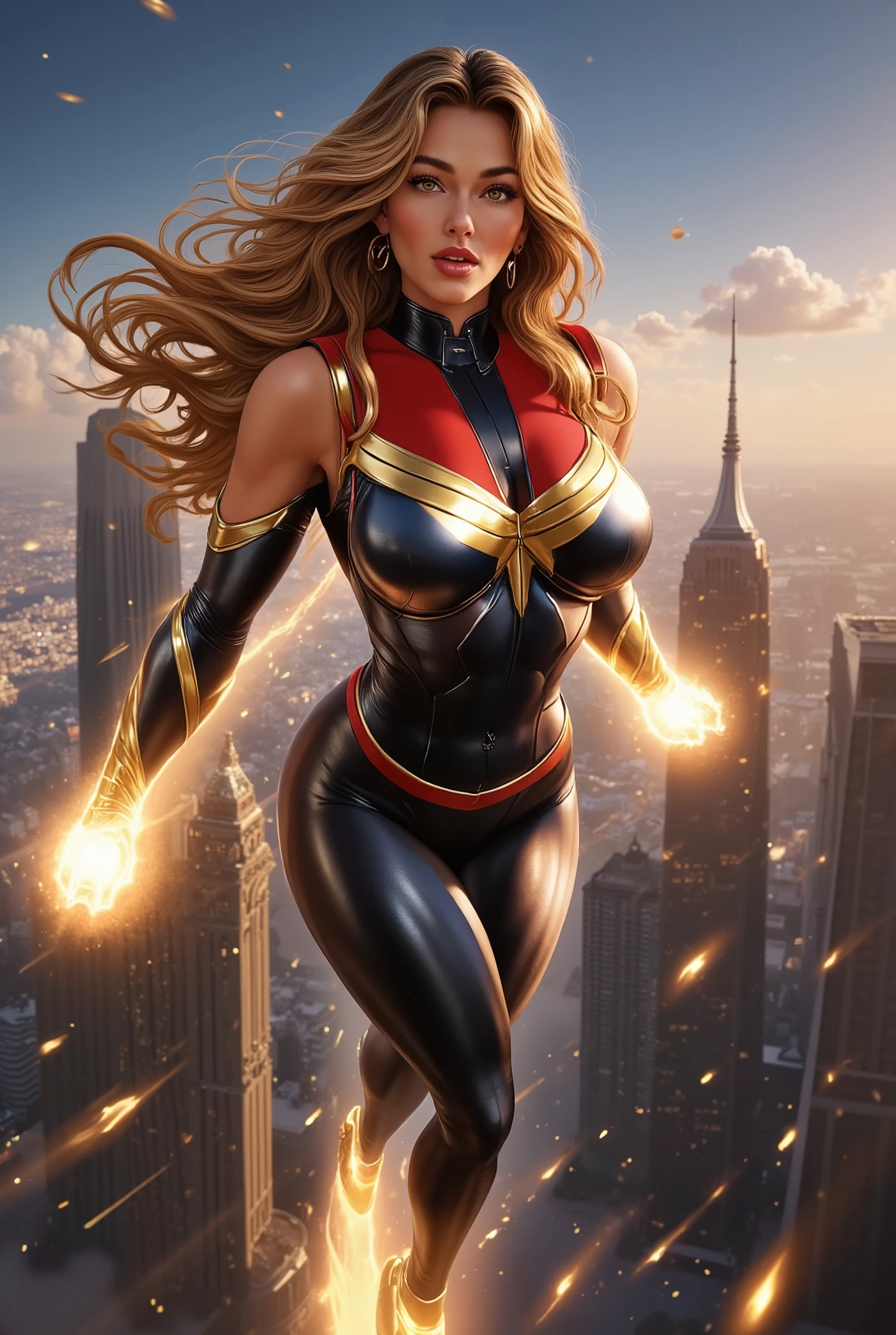 Ms Marvel high quality, 4k, ultra-detailed, realistic, masterpiece, photorealistic, marvel comics character, ms marvel,, , long hair, confident expression, heroic pose, flying in the air, energy effects, city skyline background, glowing energy powers, cinematic lighting, dramatic shadows, comic book art style, digital painting