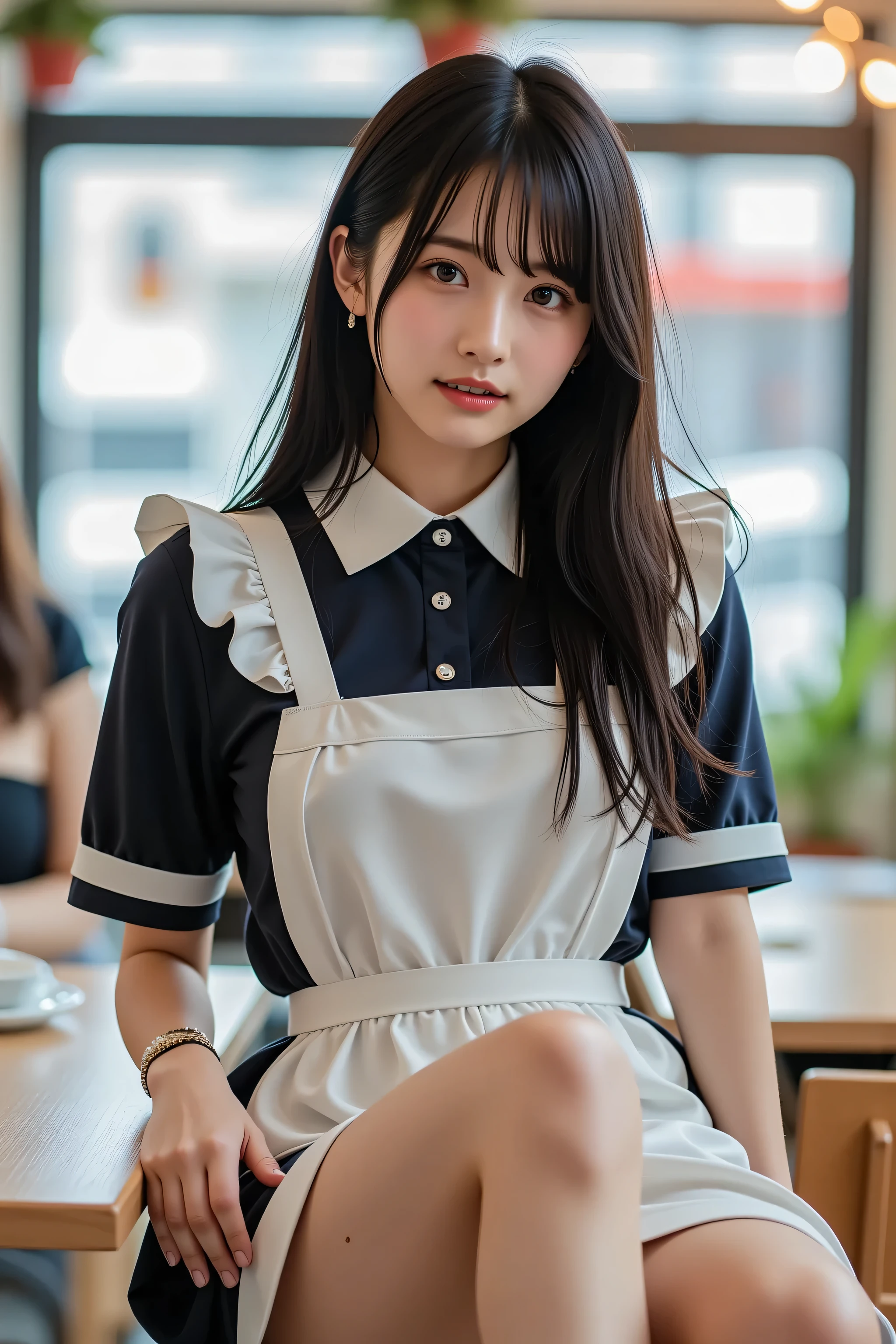18-year-old K-pop idol woman, Shiny maid clothes, Solo Pose, has naturally flowing black hair, soft smile during housework、厚い唇、and a mole on the cheek, gracefully raising one leg、Wide open thighs, emphasizes her thick waist and big breasts, cowboy shot showing 8K real skin texture, pale glowing skin, Subtle Film Particles , stretches her back and small face, professional gravure style, Vibrant Summer Vibes, stares closely at viewers, Cafe atmosphere with blurry coffee cups and pastel-colored decorations.