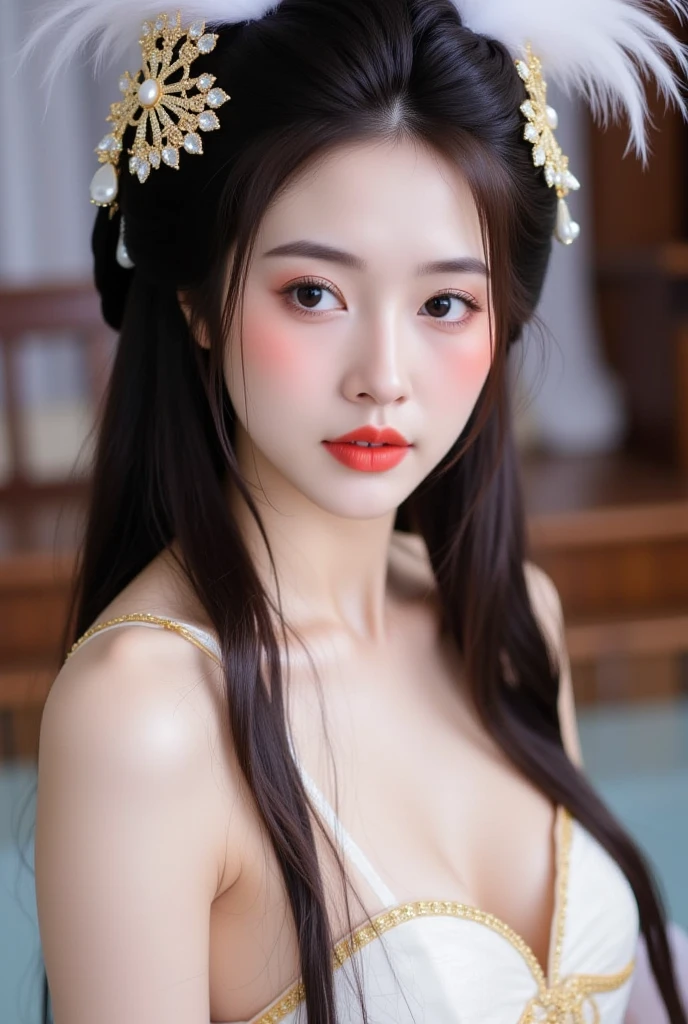 A young woman with elegant and traditional styling. She has long, dark hair adorned with intricate accessories featuring white feathers and golden embellishments. Her makeup is soft, with a rosy blush and red lips that complement her graceful appearance. She wears a white outfit decorated with golden details, exuding a refined and classical charm. The setting appears serene and sophisticated, possibly indoors with a soft background.