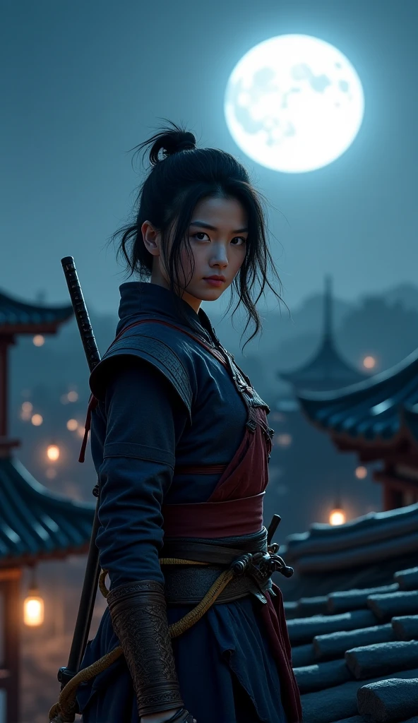 1 girl is ninja, katana at back, triangle with dignified face, sharp eyes, sharp looking, medium pale and orange pony tail, (steel pot metal in carving is moon:1.2), cover the nose, black and red ninja robe, siting, knee up, knee down, siting on the roof, classical samurai age house background with night of tranquility, 16k, radiosity, intricate detailed, extremely detailed, smooth and flawless skin, beautiful face and hair, highest quality, best quality, extremely detailed quality, symphonic metal style, create a sense of reality, intricate detailed texture,