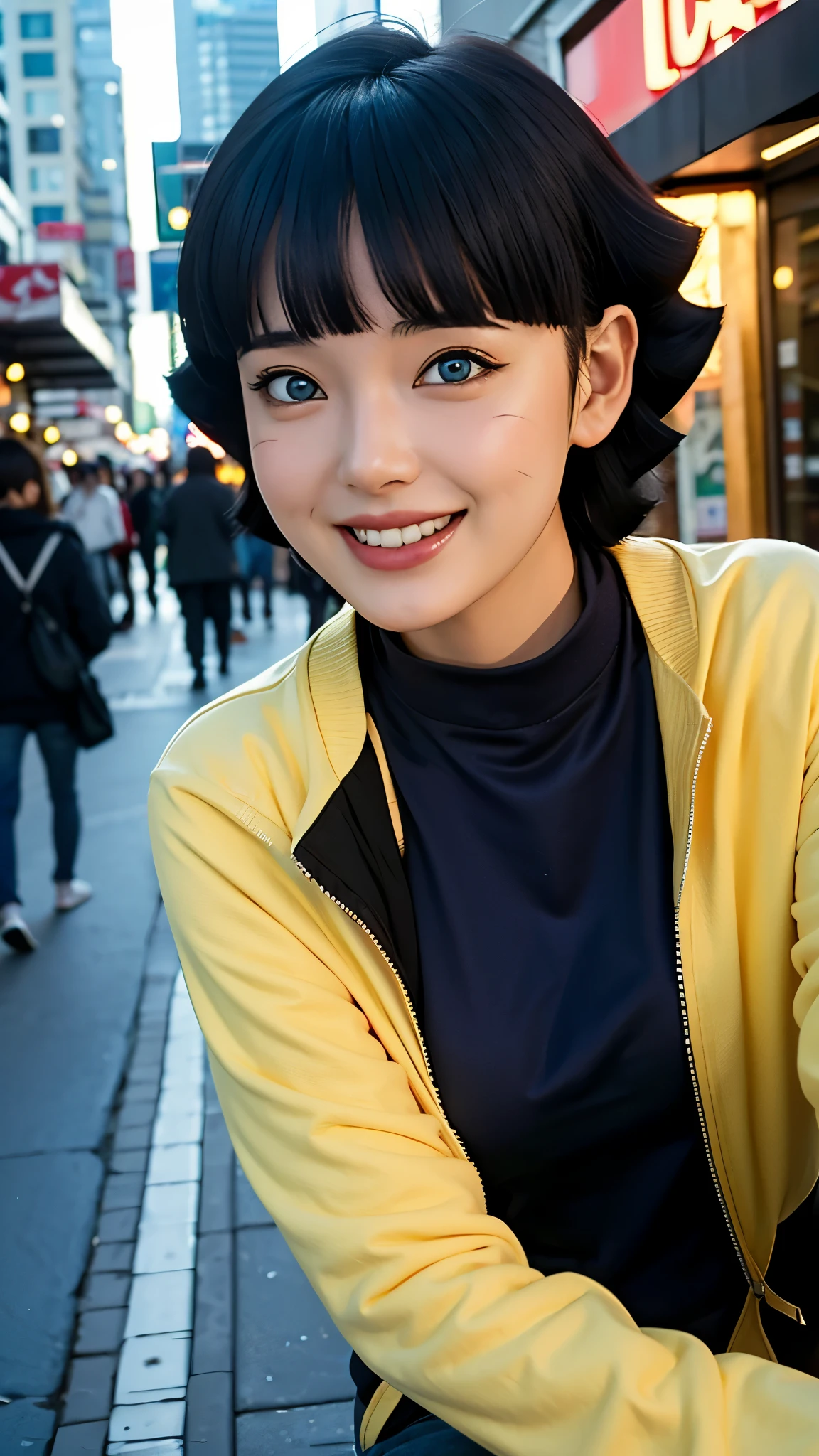 "Create a hyper-realistic depiction of Uzumaki Himawari from the anime Boruto, as if she existed in the real world. She has detailed and natural-looking facial features, bright blue eyes, and short dark blue hair with soft bangs. She is smiling warmly, radiating charm and friendliness. She is dressed in her signature yellow jacket over a black shirt, just like in the anime. The background features a vibrant modern city with tall buildings, streets, and an urban atmosphere. The lighting is natural and well-balanced, enhancing the realism and beauty of the scene."