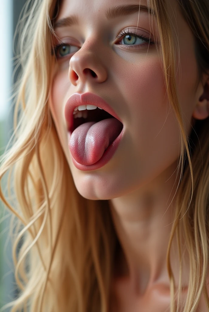 Japanese woman, beautiful girl, gal, blonde, baby face, highest quality realistic skin, eyes in focus, 20 years old, sticking out tongue, focus on mouth, open mouth, long tongue, saliva, open mouth wide, inside of mouth visible, open mouth and sticking out tongue