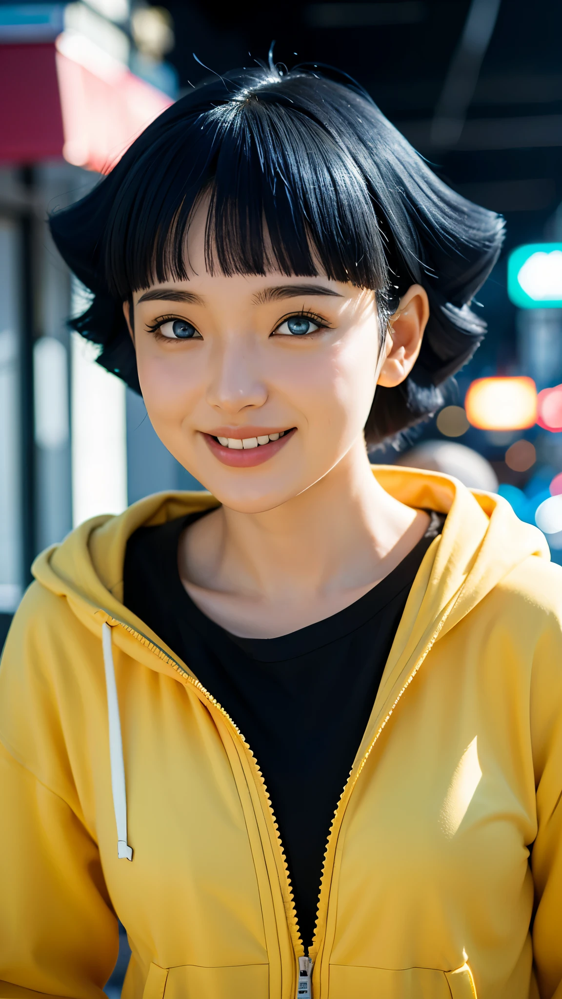 "Create a hyper-realistic depiction of Uzumaki Himawari from the anime Boruto, as if she existed in the real world. She has detailed and natural-looking facial features, bright blue eyes, and short dark blue hair with soft bangs. She is smiling warmly, radiating charm and friendliness. She is dressed in her signature yellow jacket over a black shirt, just like in the anime. The background features a vibrant modern city with tall buildings, streets, and an urban atmosphere. The lighting is natural and well-balanced, enhancing the realism and beauty of the scene."