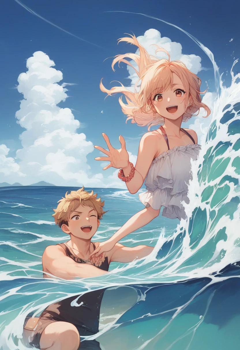 Summer sea, sexy girl, white transparent slingshot swimsuit, handsome man hugging her from behind, talking in her ear, lifting her, 40k, photo, masterpiece, top quality, (1 girl's blue eyes and blonde hair immediately curled with open legs), an elderly man leans on her from behind and picks her up, wide-eyed, sticks out tongue,-tongue, crazy, opens mouth, screams, ahe face, rough breathing, blush, sweat,
