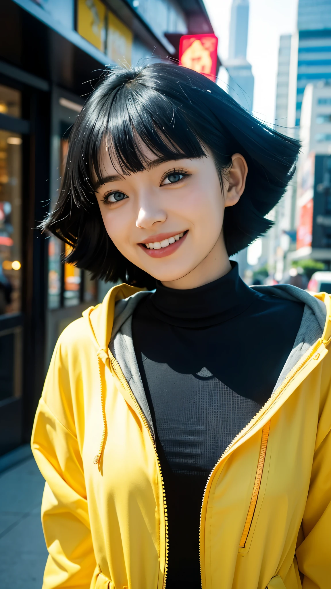 "Create a hyper-realistic depiction of Uzumaki Himawari from the anime Boruto, as if she existed in the real world. She has detailed and natural-looking facial features, bright blue eyes, and short dark blue hair with soft bangs. She is smiling warmly, radiating charm and friendliness. She is dressed in her signature yellow jacket over a black shirt, just like in the anime. The background features a vibrant modern city with tall buildings, streets, and an urban atmosphere. The lighting is natural and well-balanced, enhancing the realism and beauty of the scene."