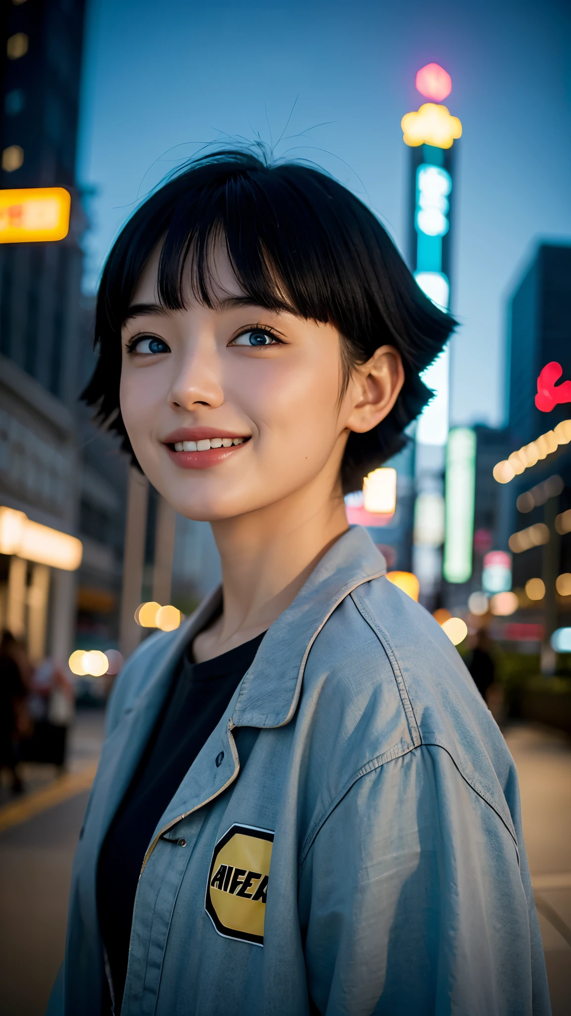 "Create a hyper-realistic depiction of Uzumaki Himawari from the anime Boruto, as if she existed in the real world. She has detailed and natural-looking facial features, bright blue eyes, and short dark blue hair with soft bangs. She is smiling warmly, radiating charm and friendliness. She is dressed in her signature yellow jacket over a black shirt, just like in the anime. The background features a vibrant modern city with tall buildings, streets, and an urban atmosphere. The lighting is natural and well-balanced, enhancing the realism and beauty of the scene."