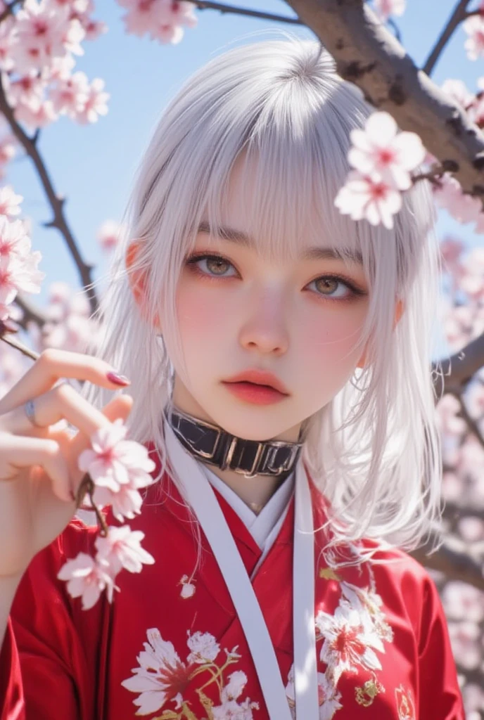 ((Hairstyled white hair:1.5))(Japan kimono with cherry blossom pattern:1.3), Symmetric, (highest quality, Photorealistic:1.4, Raw photo:1.2, Cinematic light, Highly detailed illustration), (1woman:1.3, alone), (Asian Girl, Very delicate face, Super beautiful face, Very delicate eyes, Ultra detailed nose, Very sophisticated mouth, Highly detailed facial features), woman, (Medium Bust:1.3), skin, Lip gloss, Laughter, Full Body View, High resolution, High resolution, 8k, Masterpiece 2:1, Skin Radiance, Glowing Skin, Young girl,（ Kyoto、Falling cherry blossoms）、off shoulder, shoulder blades、kimono